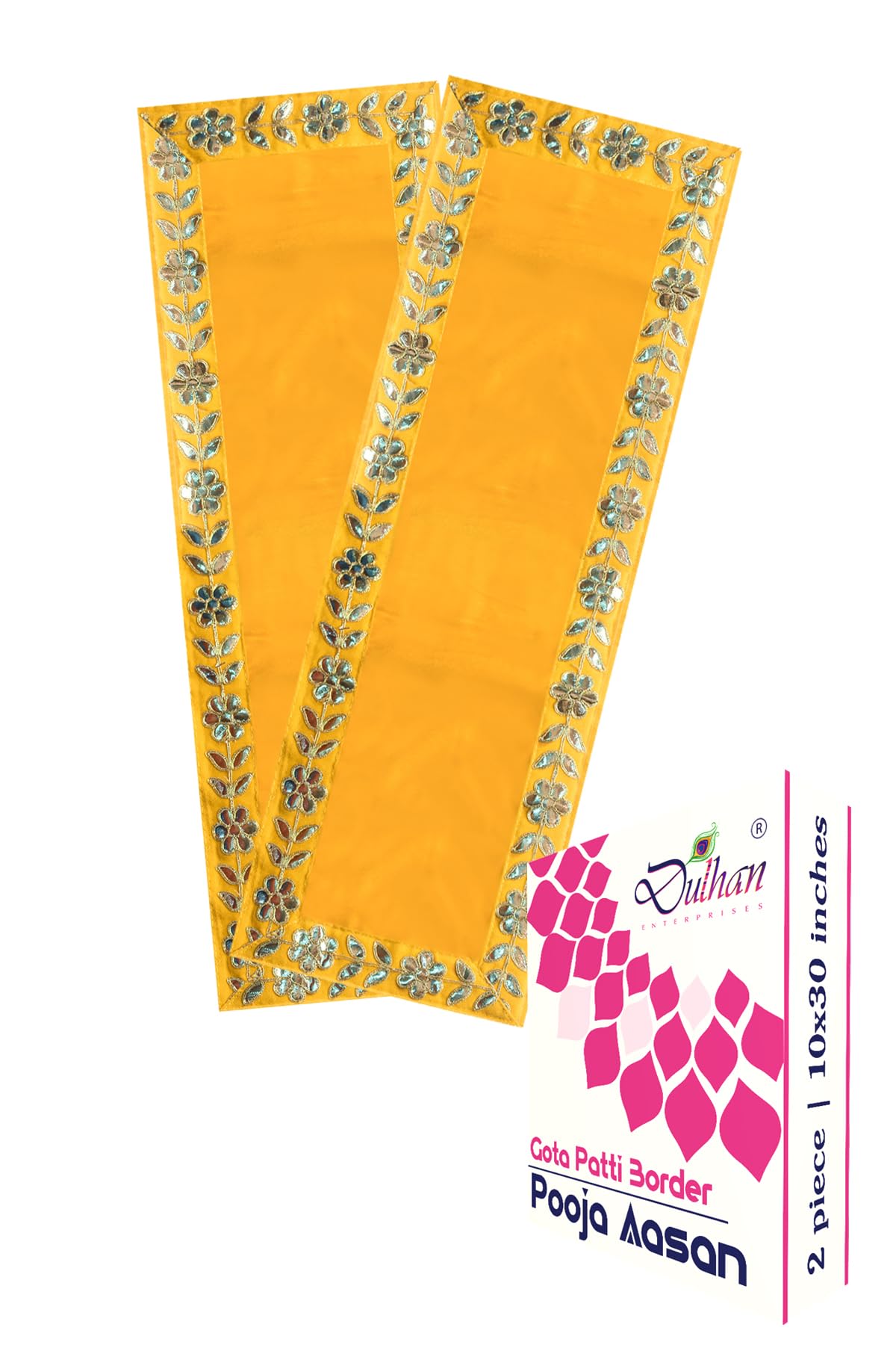 10 x 30 inch DLC Designer Long Velvet Pooja aasan Cloth for God Idol, Chowki Asan kapda, Yellow Bhagwan aasan Altar Cloth for Puja Mandir Table and Temple Shelf, Diwali Decoration (Pack of 2)-image-6