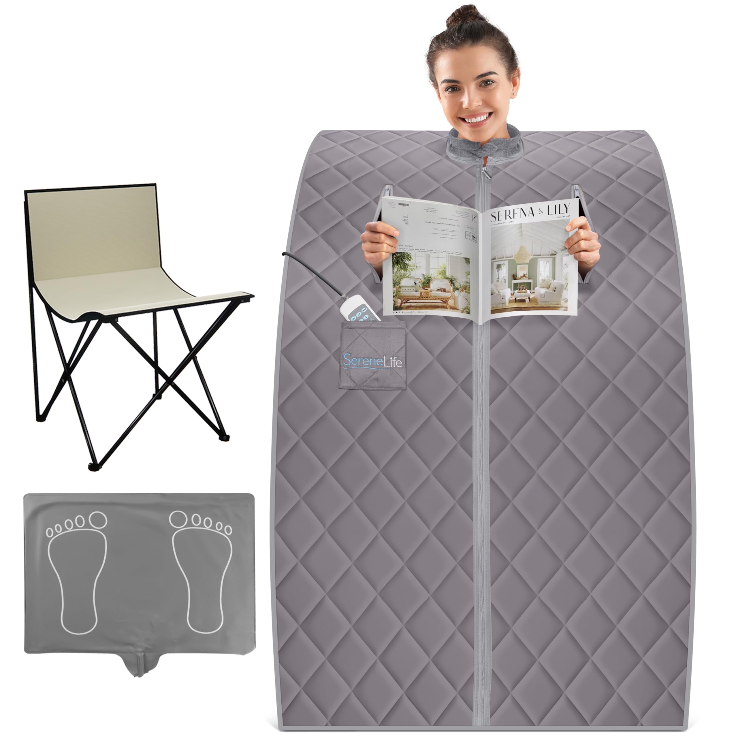 SereneLife Portable Home Sauna Tent, Infrared & Steam, One-Person for Indoor with Heating Foot Pad, Portable Chair and Remote Controller