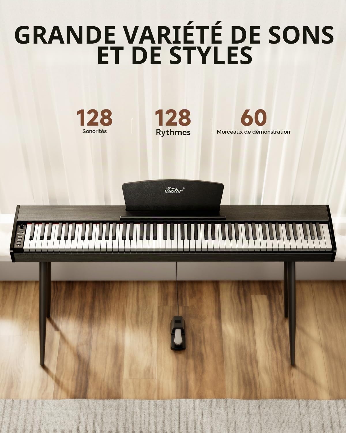 Eastar Eup-80 Piano Numérique 88 clé Sensible à la Vitesse, Piano Électrique Pleine Taille pour Débutant, Piano Vertical Paquet Support de Musique, Pédale, Casques et Autocollants