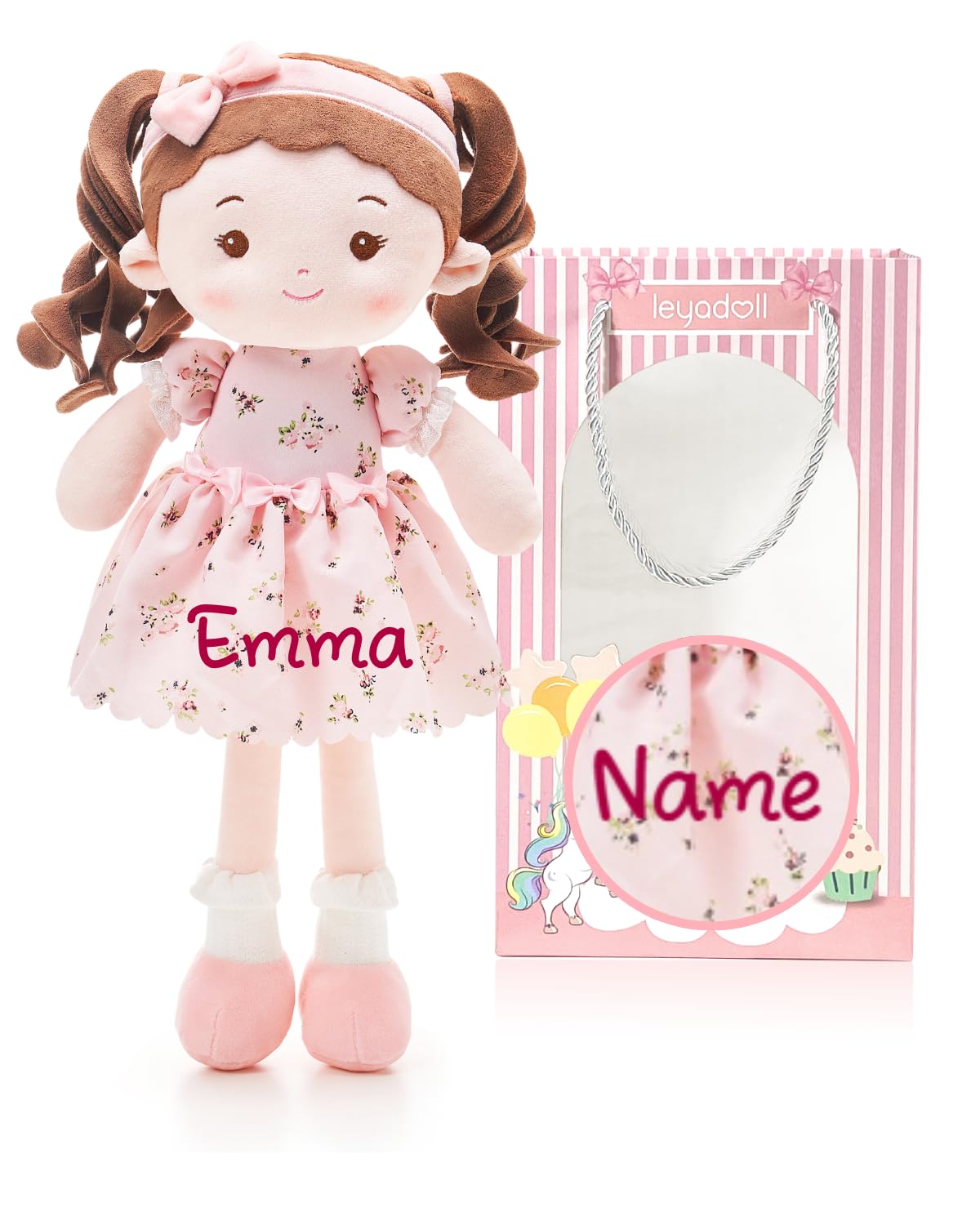 LeyaDoll Personalized Soft Baby Doll Toys (16''), My First Baby Rag Doll for 1 Year-Old Girl Birthday Gift, Christmas Plush Toys Gift for Toddler Kids Infants-Princess-Breeze-Brown