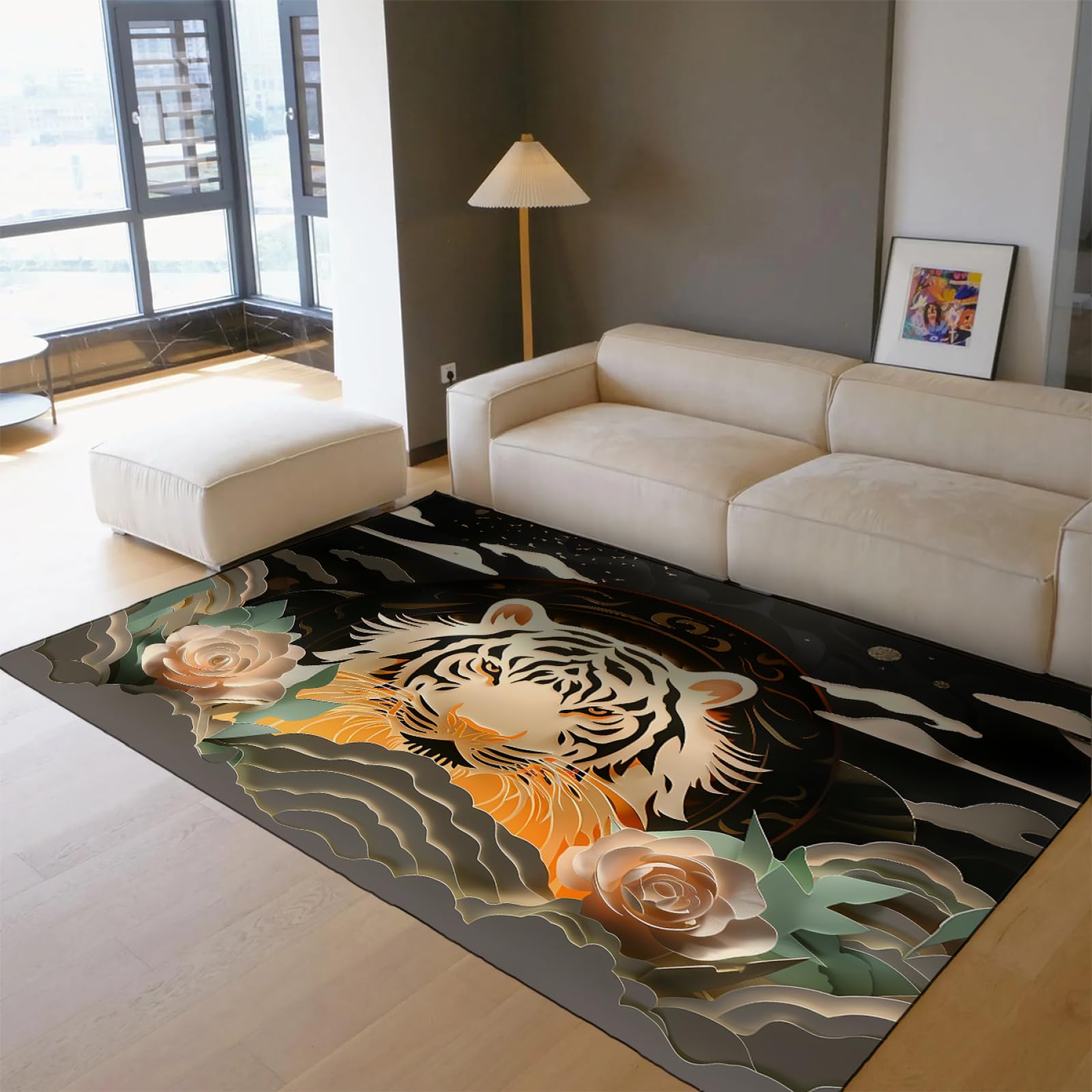 Tappeto artistico per il taglio della carta 3d per l'arredamento della camera da letto del soggiorno Potente e bello Tiger Peonia Modello di nuvola Antiscivolo a pelo basso Tappeto sottile 120x180cm
