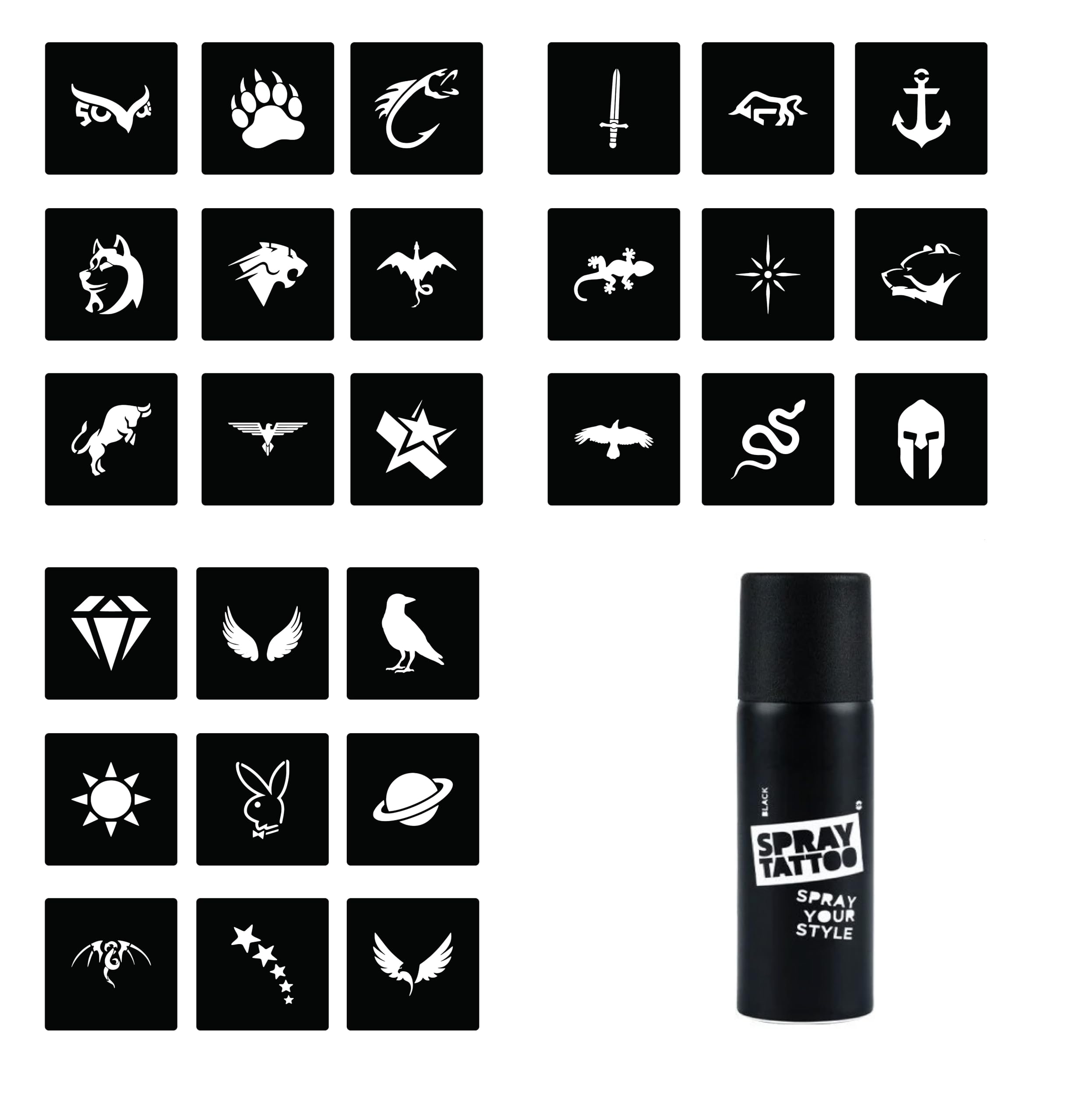 Minimal 27 Desen ve Spray Tattoo Geçici Sprey Dövme Seti