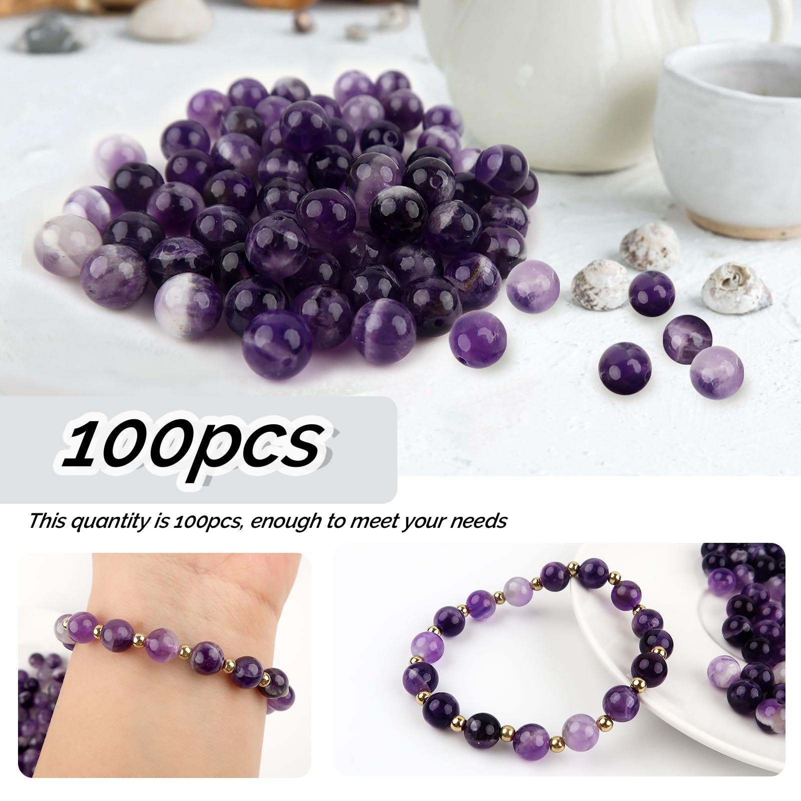 TOAOB 100pcs Natural Amethyst Stone Round Crystal Beads for Jewelry Making 8mm Natural Gemstone Round Loose Smooth Bead for DIY Bracelets Necklaces Crafts - Image 3