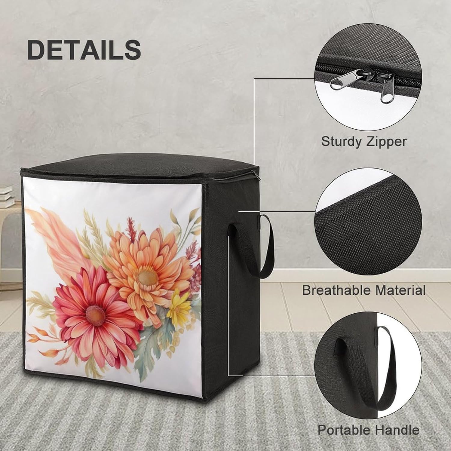 Quilt Storage Bag,Flower Drawing Printed Large Foldable Storage Container Portable Travel Storage Bag for Blankets, Quilts, Clothes, Comforter, Bedding And Pillows