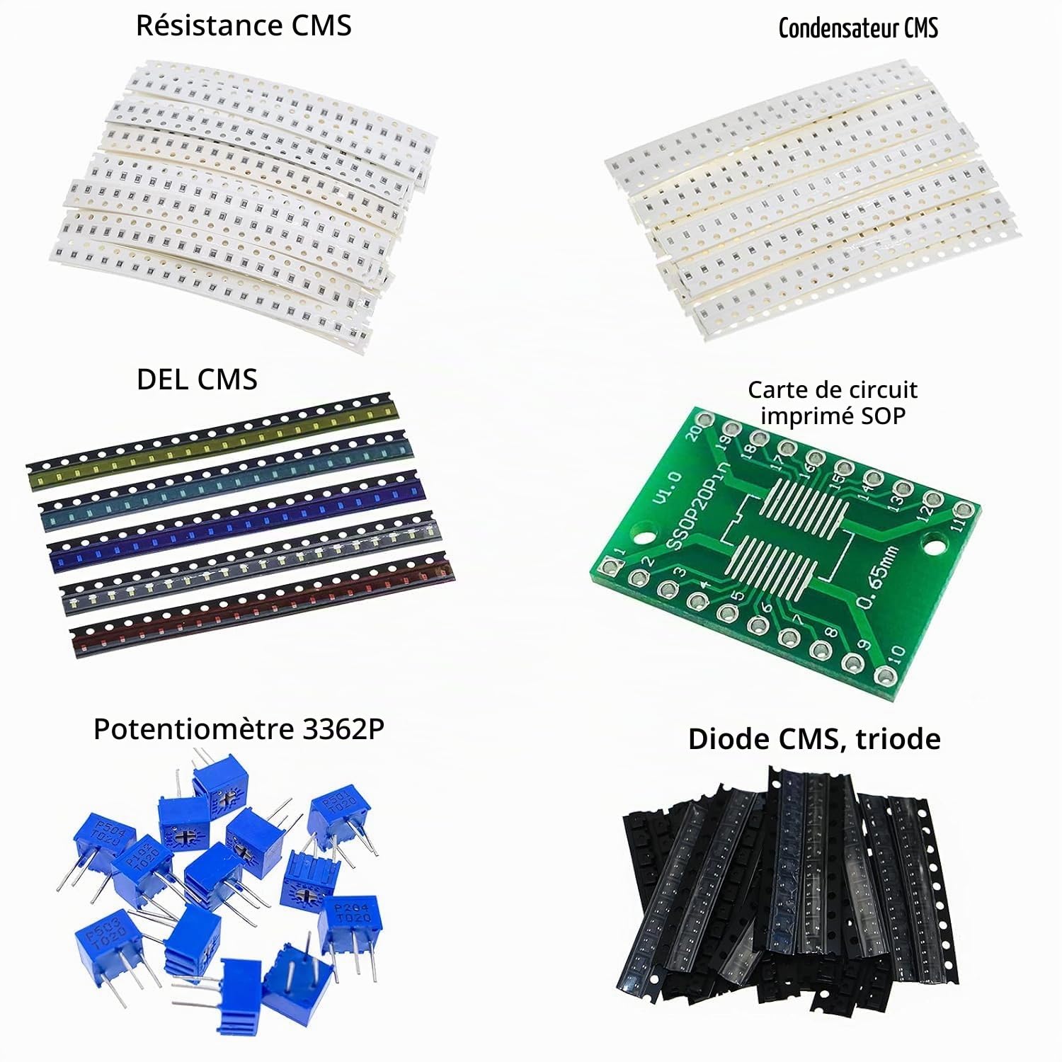 Harrisen 3638 pièces SMD DIY Composants électroniques Assortiment 1206, 0805, 0603, résistances, condensateurs, LED, PCB, diodes, transistors, potentiomètres