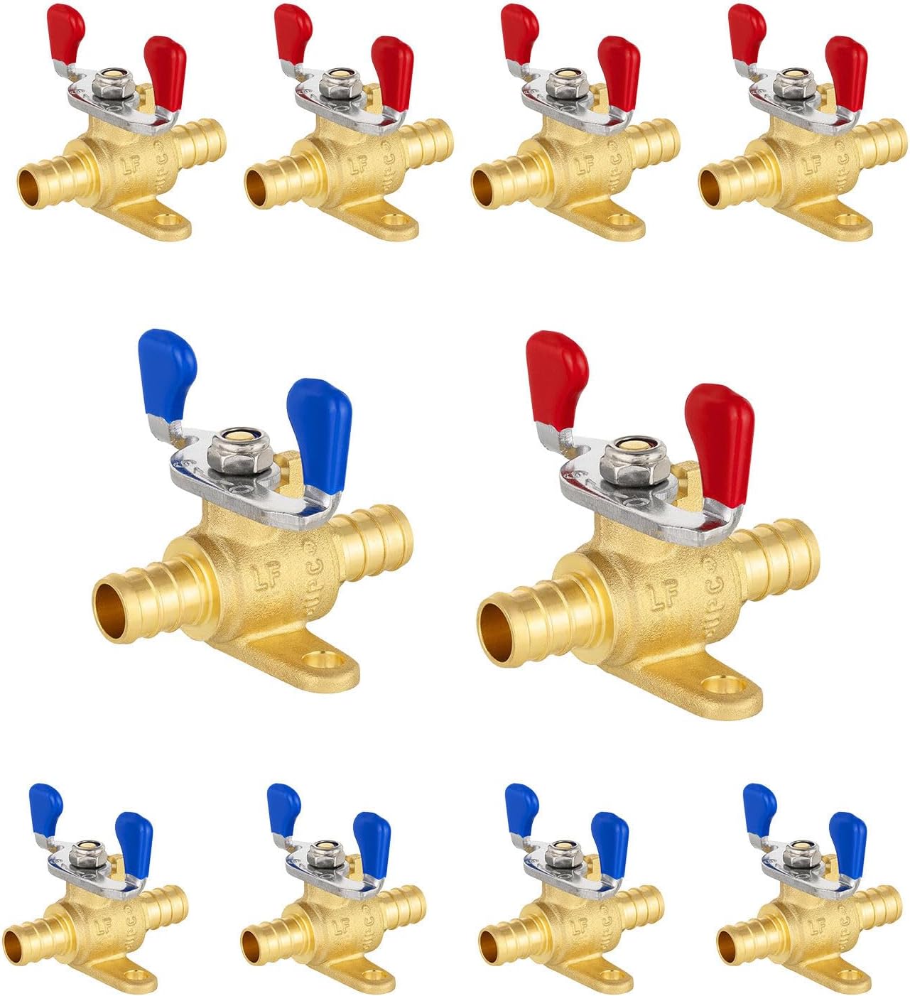 10-Pack Foskan PEX Crimp Drop Ear Full Port Ball Valve, 3/4 Inch Brass Shut-off Valve with Butterfly Handle for PEX Pipe Connection(Blue and Red)