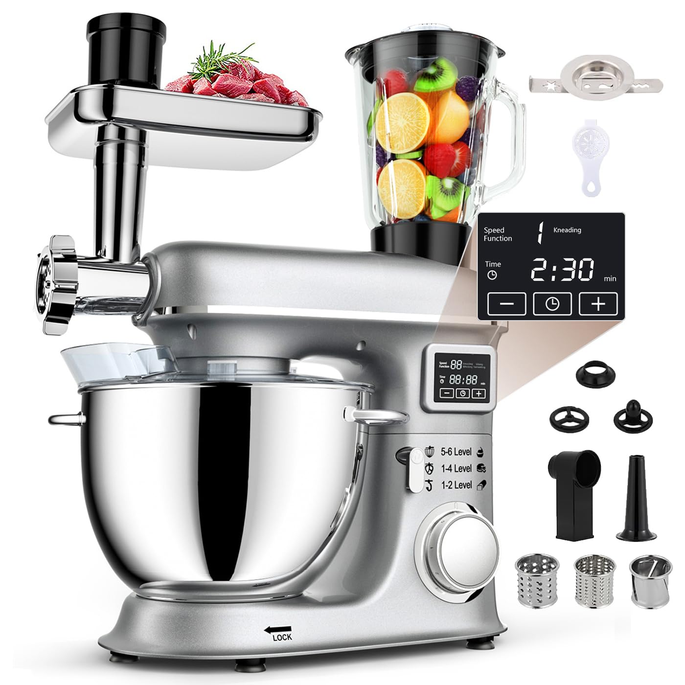 Impastatrice planetaria elettrica da cucina da 8 litri con display a LED, 6 velocità, testa inclinabile, ciotola in acciaio inox, tritacarne, gancio per impastare, frusta, accessorio per la