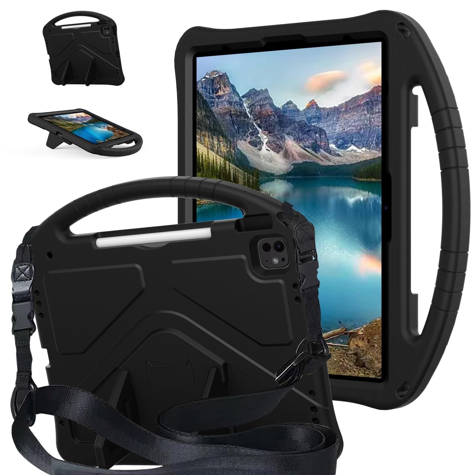 غطاء الجهاز اللوحي Lightweight Shockproof Kids Friendly Cover For iPad Pro 13 Inch M4 2024 7th Generation,with Handle Stand Thickned Cornor Impact Protection Tablet(BLACK)