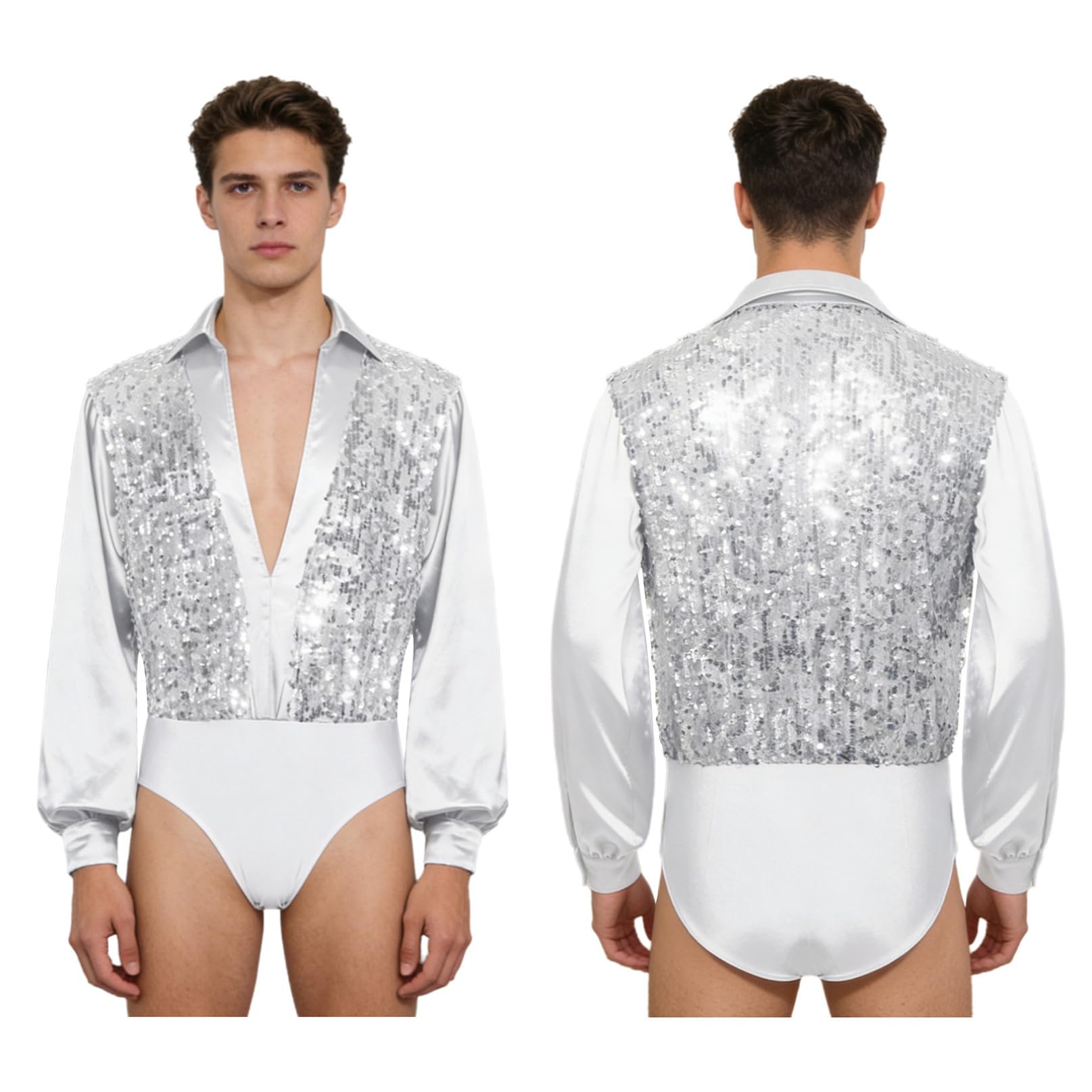 iiniim Body para Hombre Maillot de Baile Latino Rumba y Samba Camisa de Patinaje Artístico de Manga Larga Saten con Lentejuelas Cuello En V Maillot de Gimnasia
