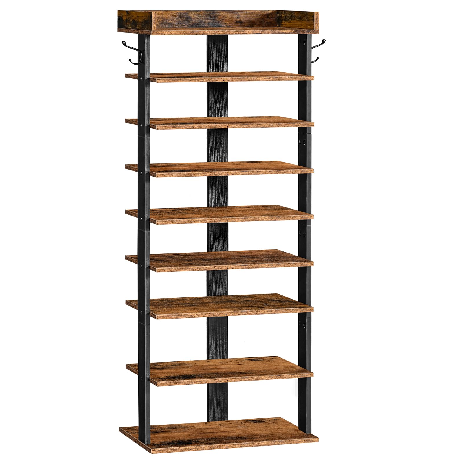 HOOBRO Narrow 9-Tier Tall Shoe Rack, Wooden Storage Organizer With 2 Hooks, Slim Shelf, Vertical Tower for Entrance, Industrial, Rustic Brown and Black EBF850XJ01