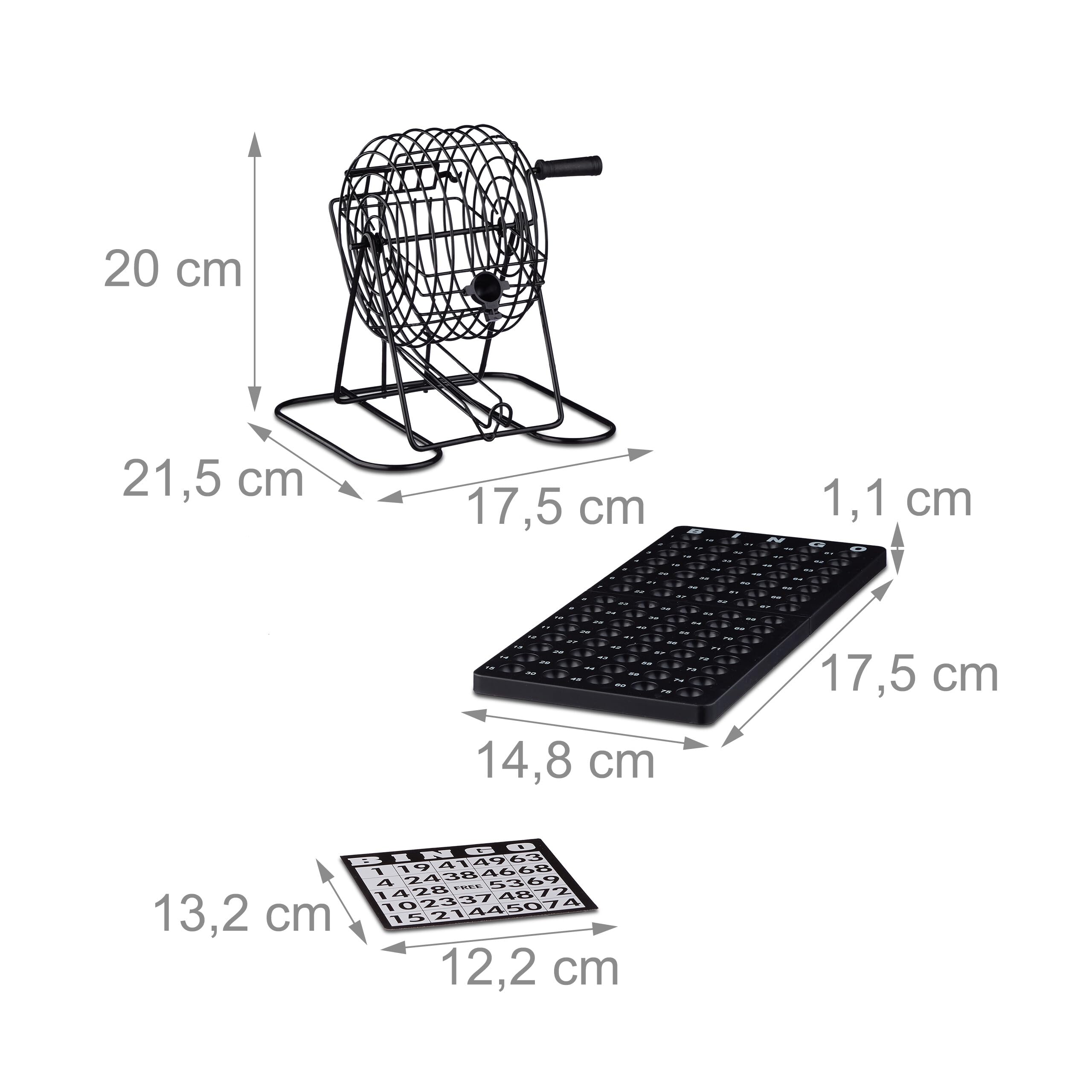 Relaxdays 10021014 Bingo gra z metalowym bębnem wys. x szer. x gł.: 20 x 17,5 x 21,5 cm bilety bingo, kulki, żetony, plansze do gry, czarne