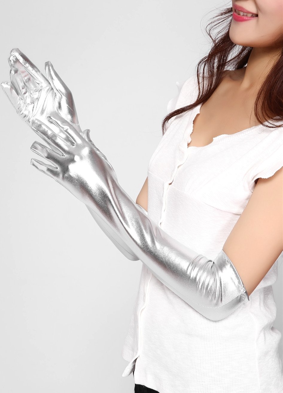 krautwear® Damen Finger Handschuhe Metallic ca. 44 cm Lang Gold Silber