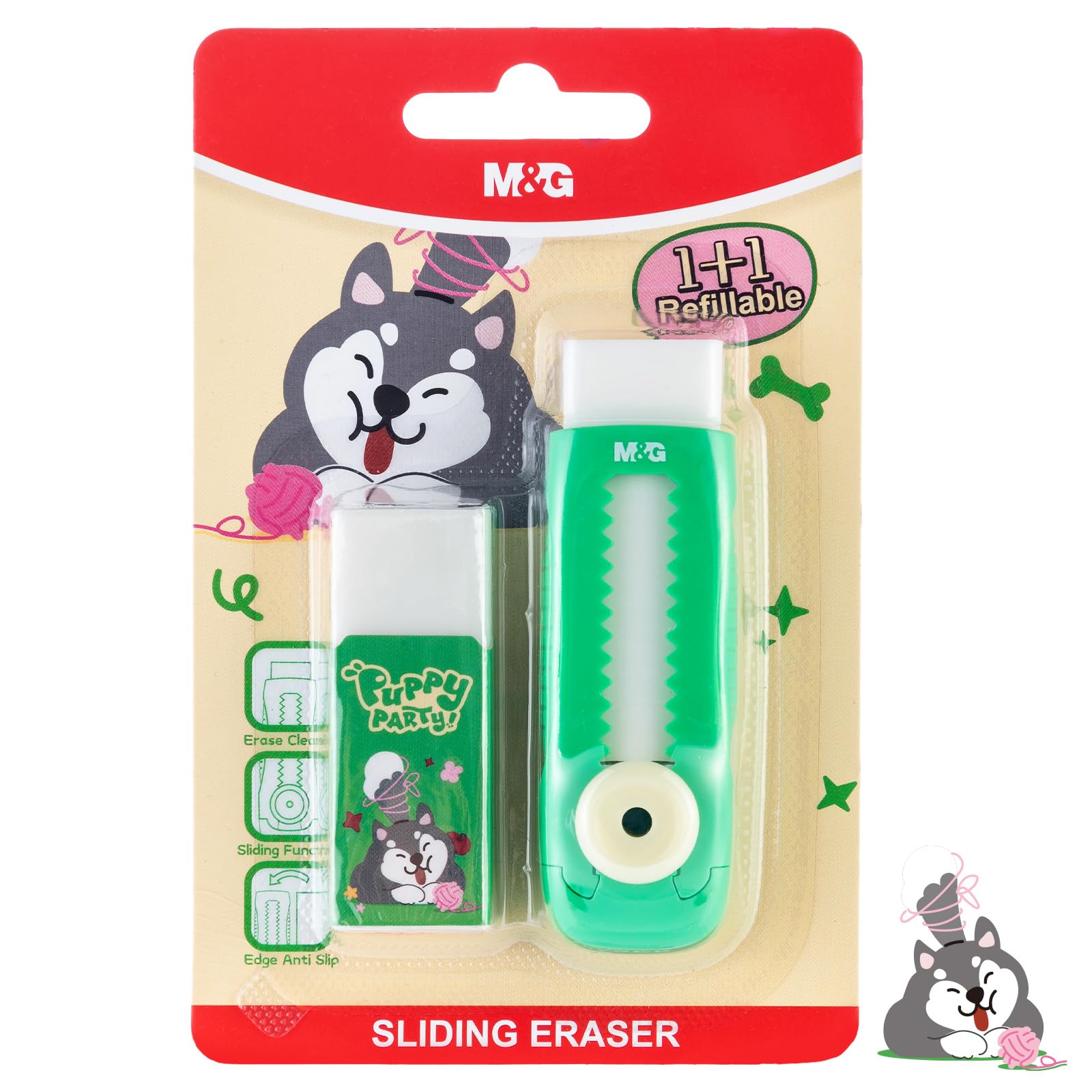 M&amp;G 1+1 Pack Green Sliding Retractable Cute Eraser Set, Refillable Soft Large Rubber Eraser with Sleeve for Kids Students School Office Supplies