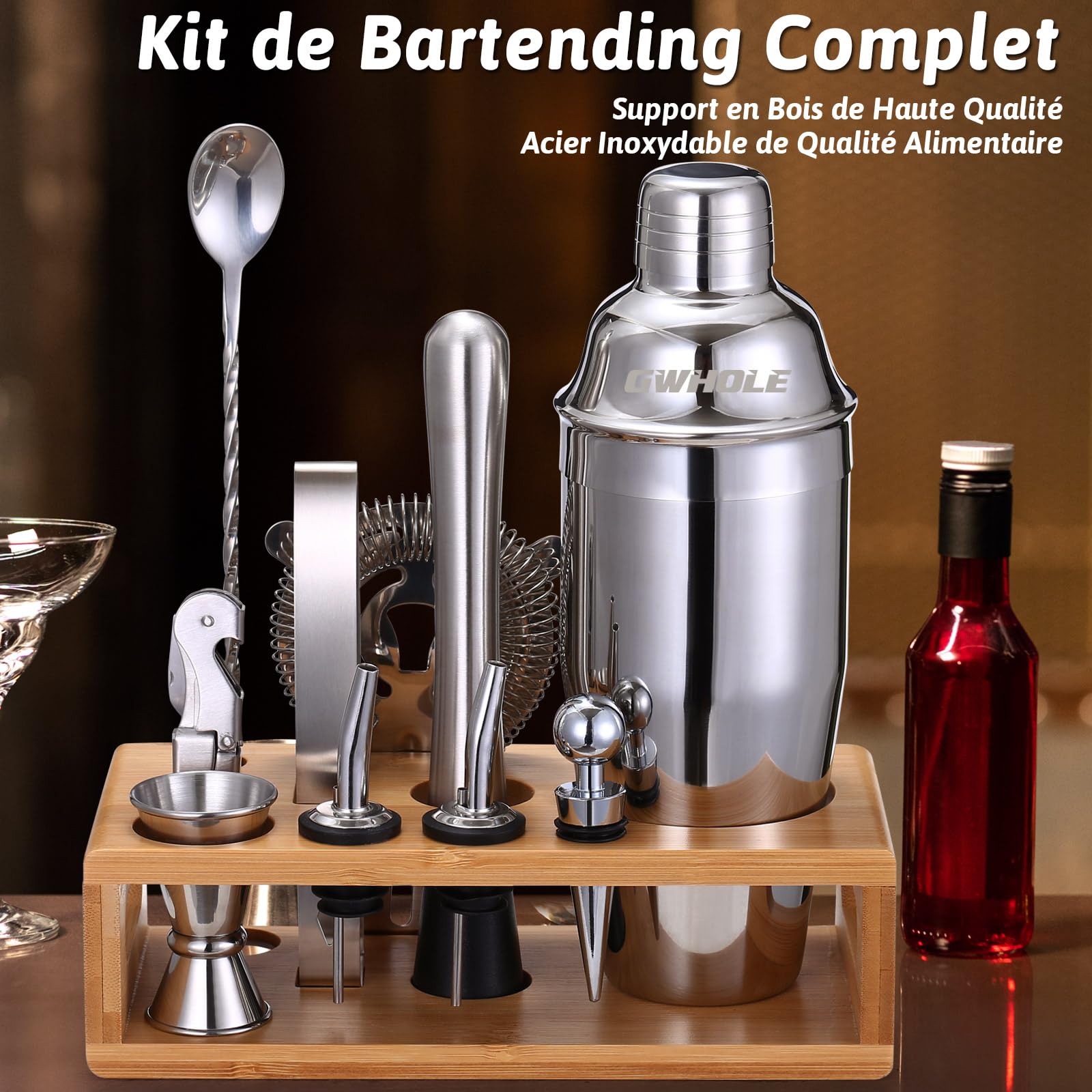 Kit Shaker à Cocktail en Acier Inoxydable GWHOLE avec Support Bois et Recette