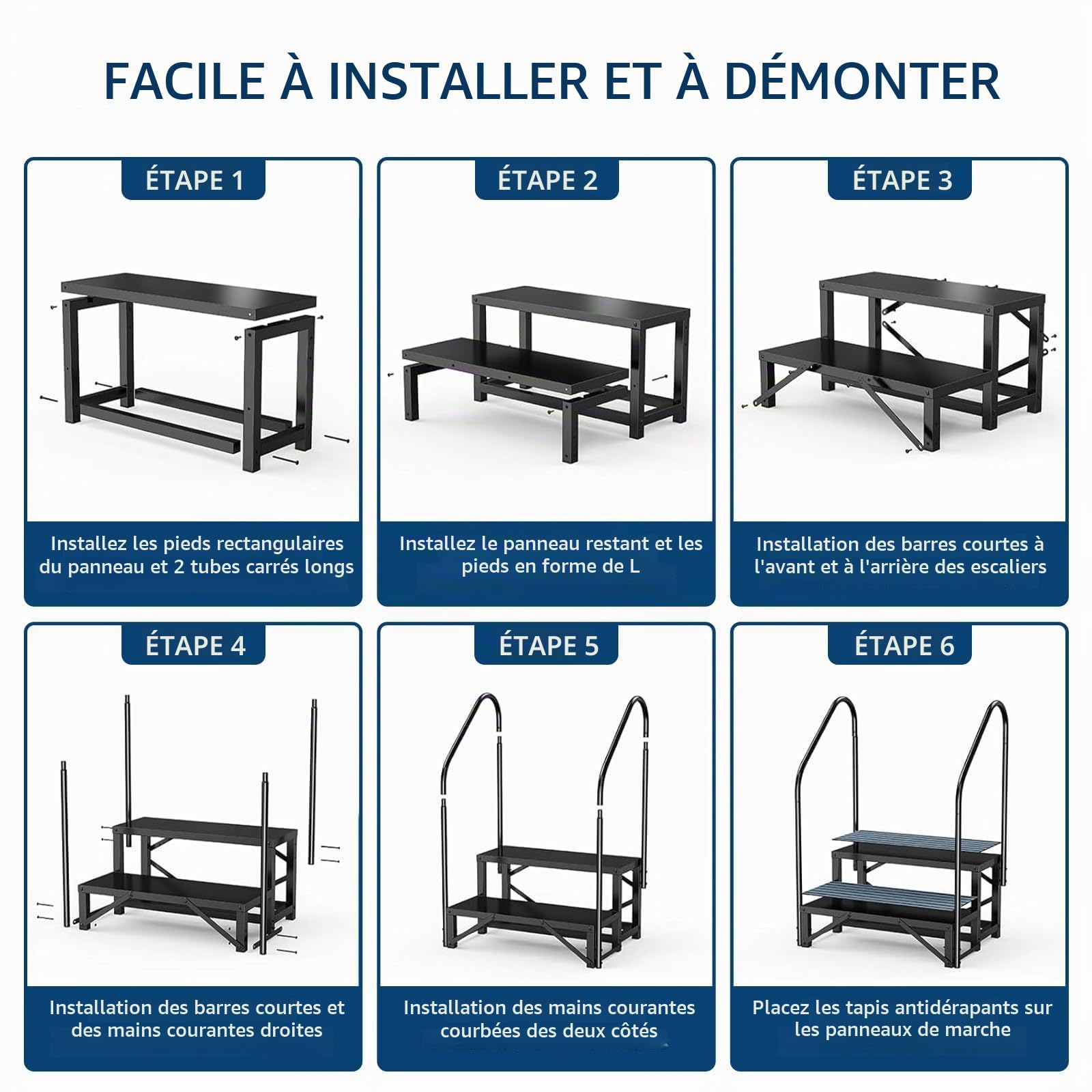 Garvee Escaliers RV Portatifs 4 Marches avec Rampe, Échelle RV avec Tapis Antidérapants, pour Roulottes, Camping-Cars, Baignoires Balnéo, Terrasses, Piscines, Animaux Domestiques
