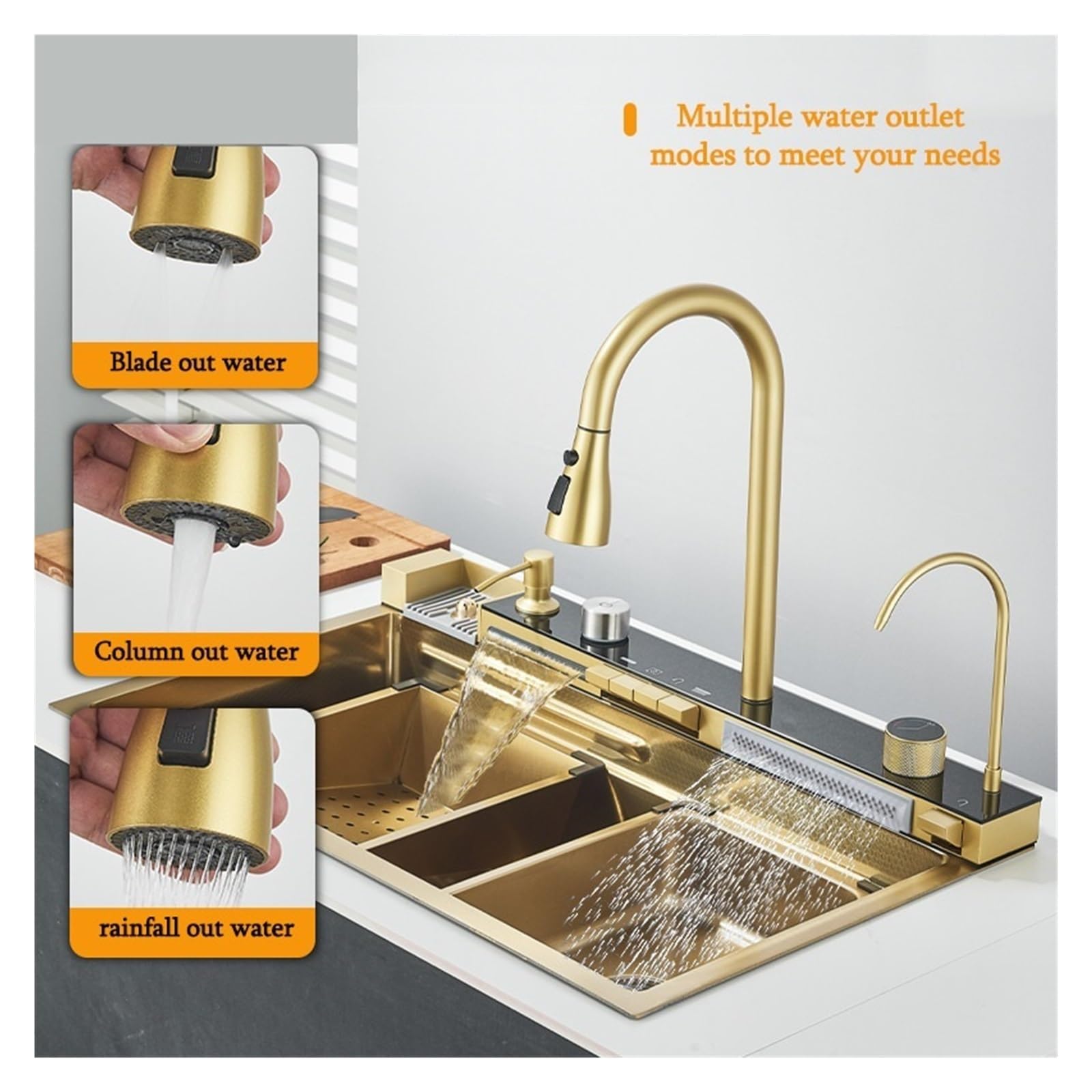 Juego De Grifería Con Pantalla Digital Integrada, Botón Ranura Única, Cocina Moderna, Estilo Cascada, Acero Inoxidable 304, Oro Pulido FáCil De Limpiar Y Mantener
