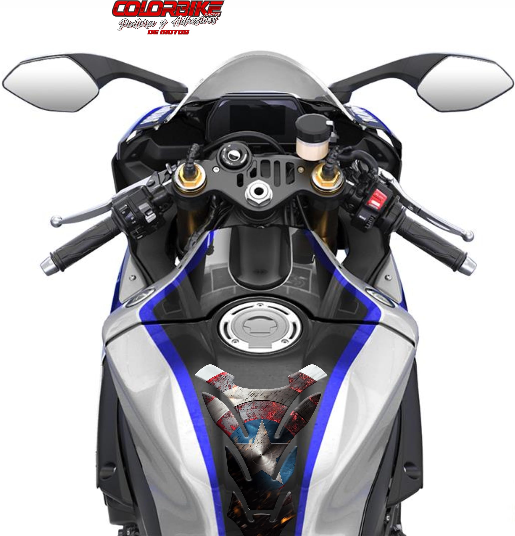 Tankpad Tank Pad Protector Deposito Tanque - Pegatina Deposito Moto 3D Escudo Compatible con Moto Kawasaki Aprilia Ducati Yamaha Honda Suzuki Universal Escudo (Capitan American,) - 20x15cm