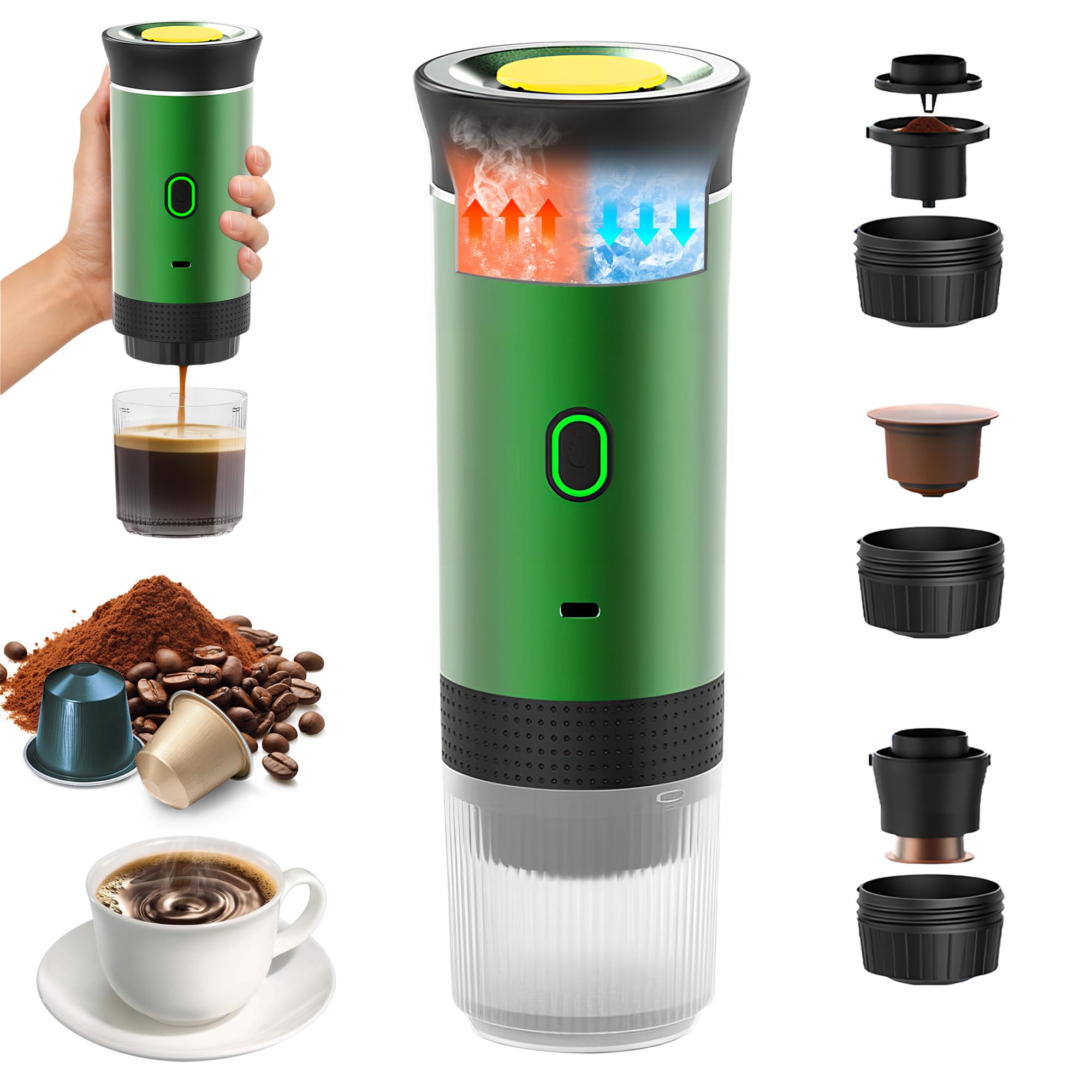 Bostar Portable Coffee Machine, 3 in 1 Portable Electric Espresso Coffee Maker Fast Heating Coffee Maker for Camping Travel Compatible with Small Large Capsules Ground Coffee (Green)