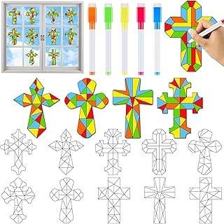 30 Pack Cross Window Suncatchers Crafts Kit for Kids Christian Religious Bible DIY Coloring Crafts Window Clings Stickers Kit Sunday School Easter Decor with 10 Markers for Home Classroom Decorations