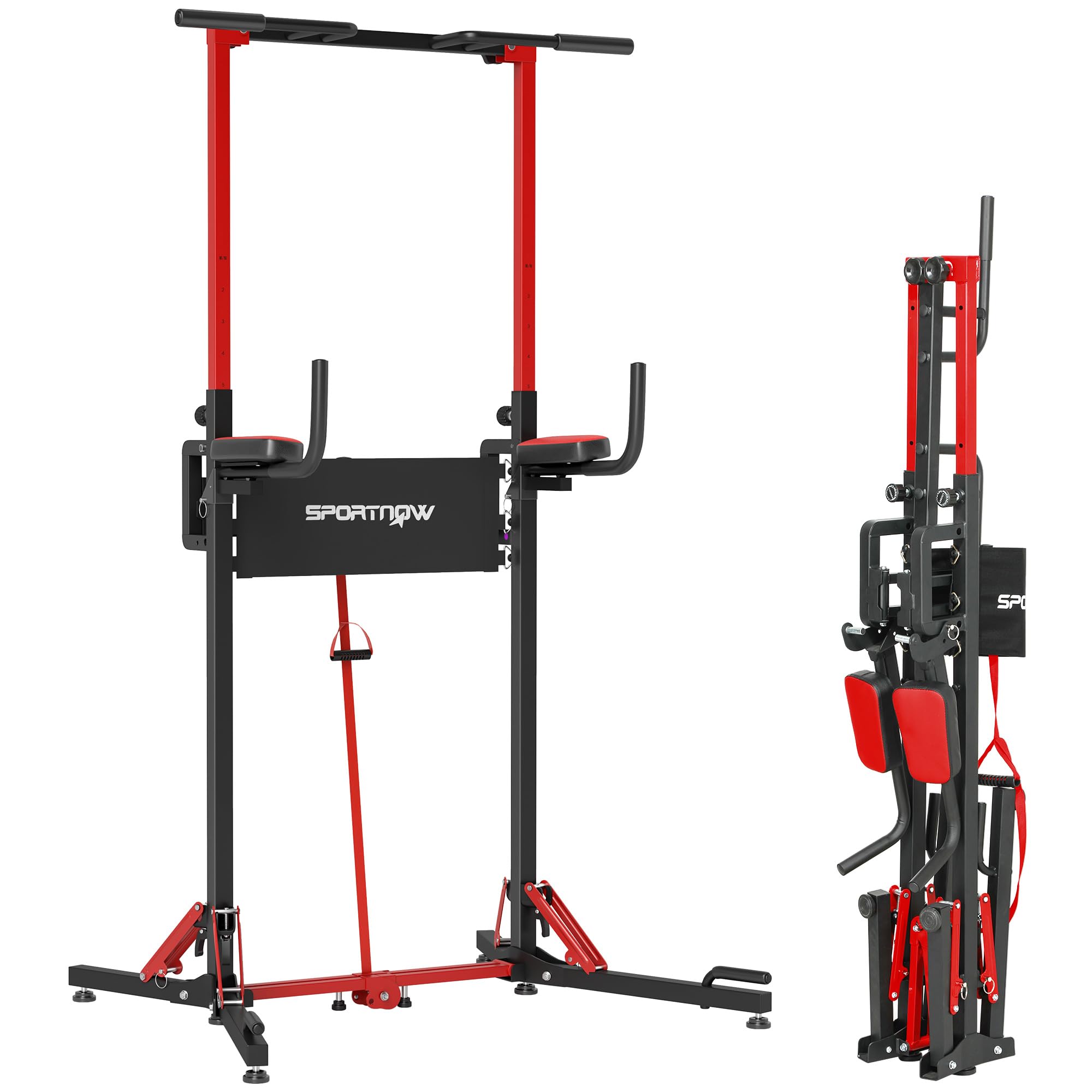 SPORTNOW Torre de fuerza plegable de altura regulable 127-223 cm, estación de inmersión con asas para flexiones, torre de potencia multifuncional, torre de dominadas, barra de dominadas, estación de
