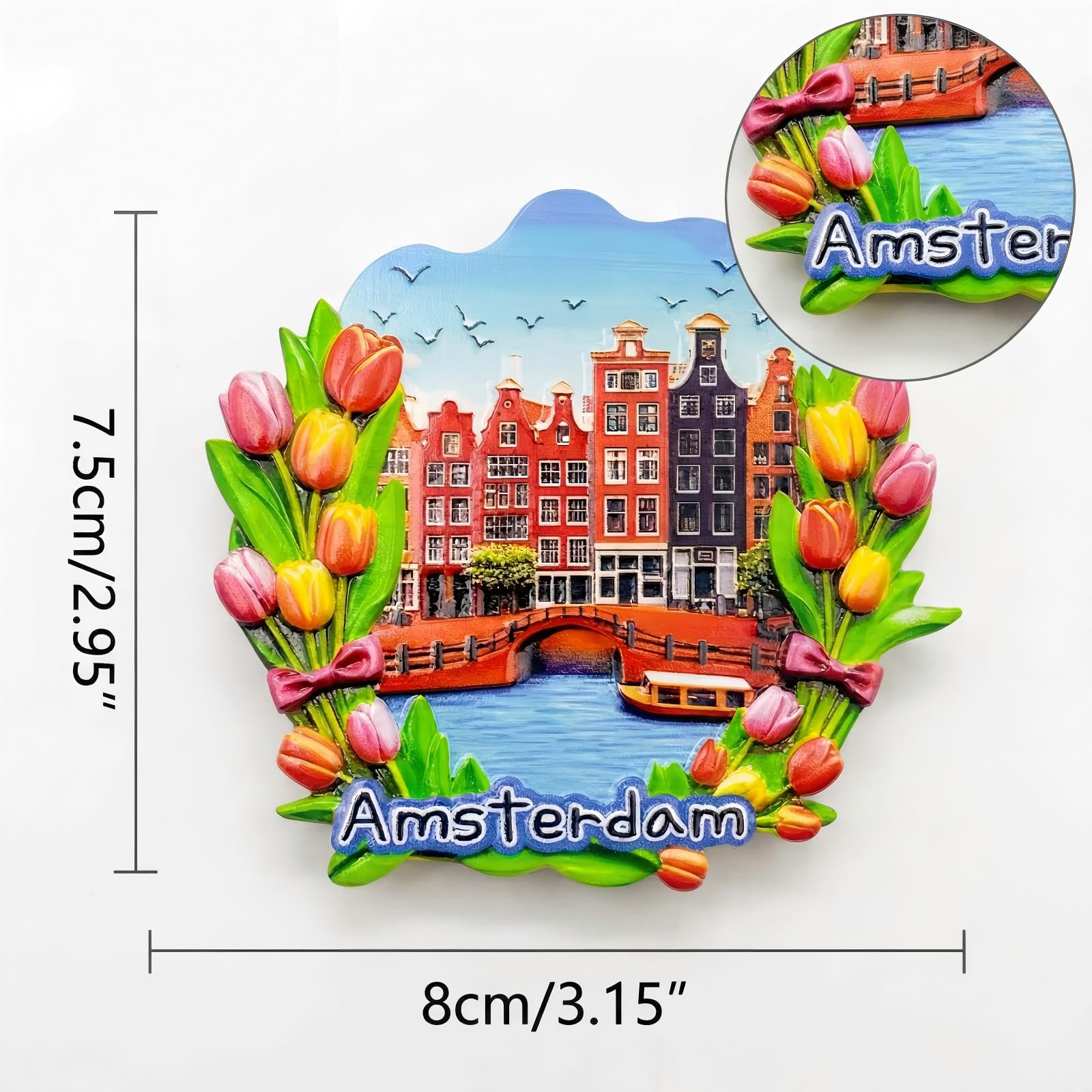 Amsterdam - Imán de resina 3D para nevera, diseño de casas de canal con marco de tulipán vibrante, recuerdo de viaje de los Países Bajos, bonita decoración de cocina única, 3.15 x 2.95