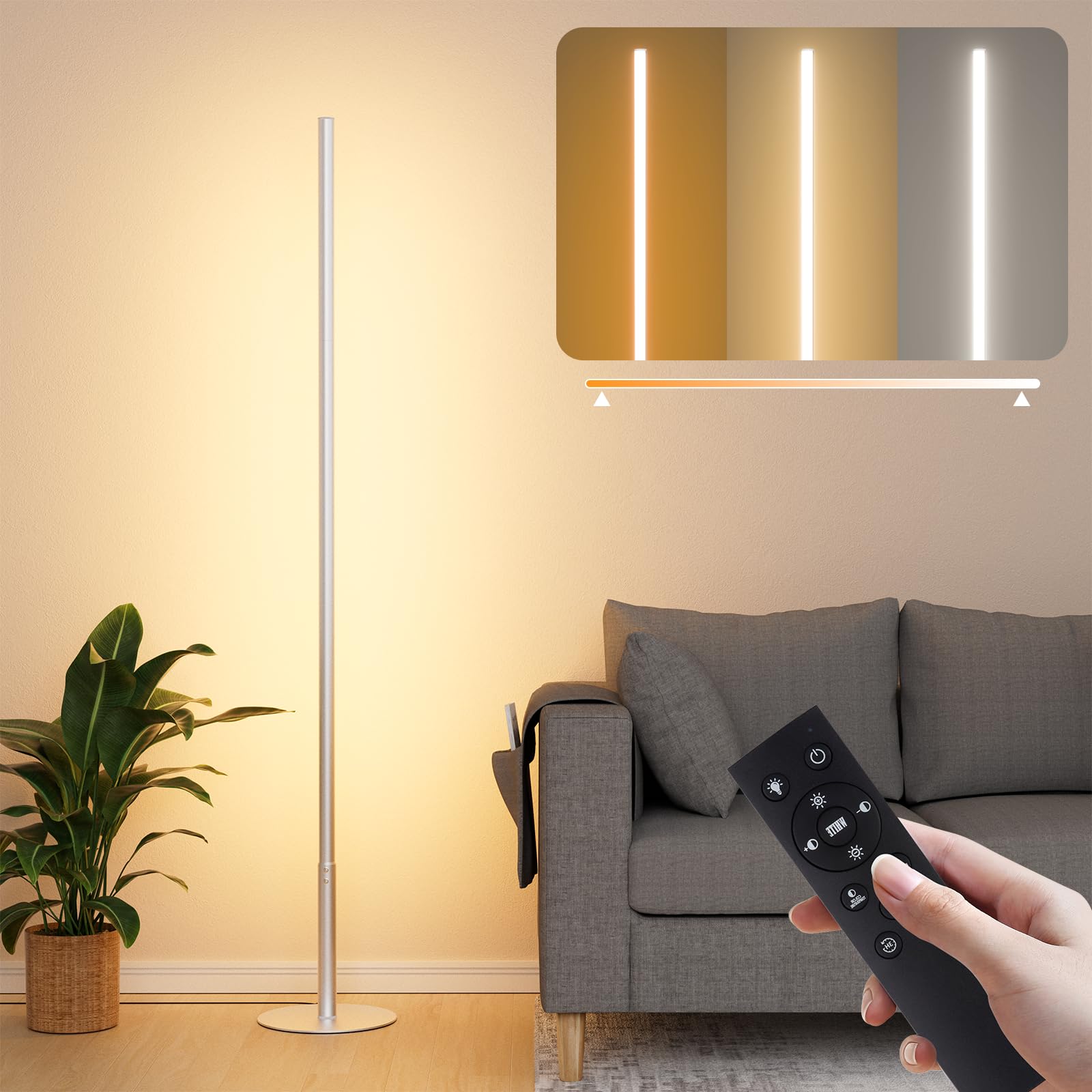 Fortand Lámpara de Pie LED, Moderna Lámpara de Pie Salon Regulable Luz Esquina con Control Remoto, Atenuación Continua Brillo y Colores 2700K-6500K Función Memoria Columna Luz para Dormitorio, 147CM