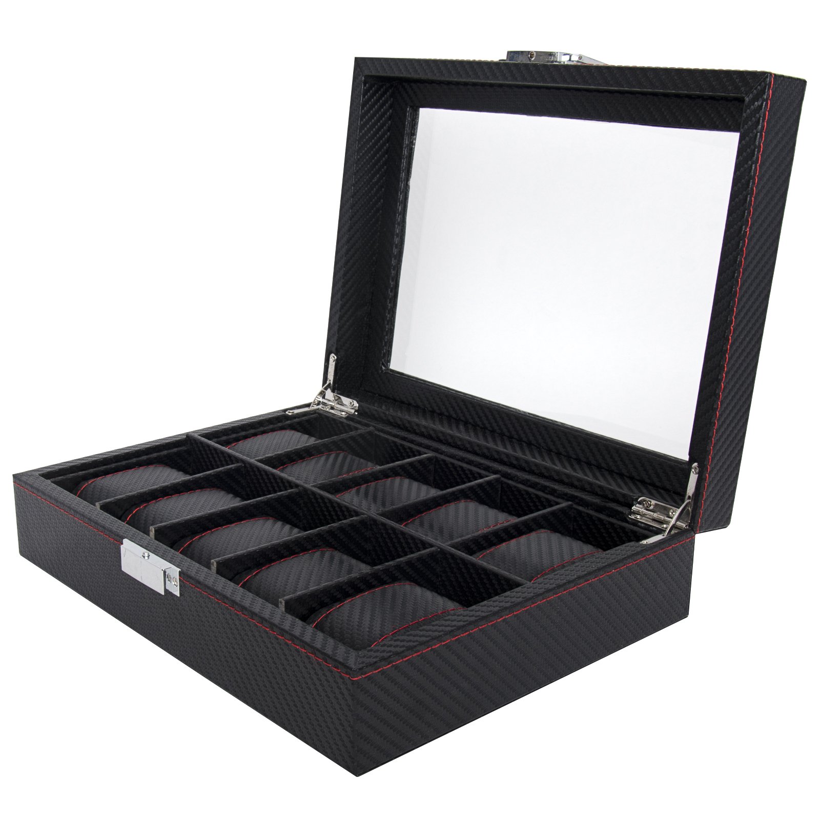 Bombay Brand Leather 10 Watch Collection Jewelry Tie Box Valet Organizer Carbon Fiber Display Storage Case [0] - RASSA