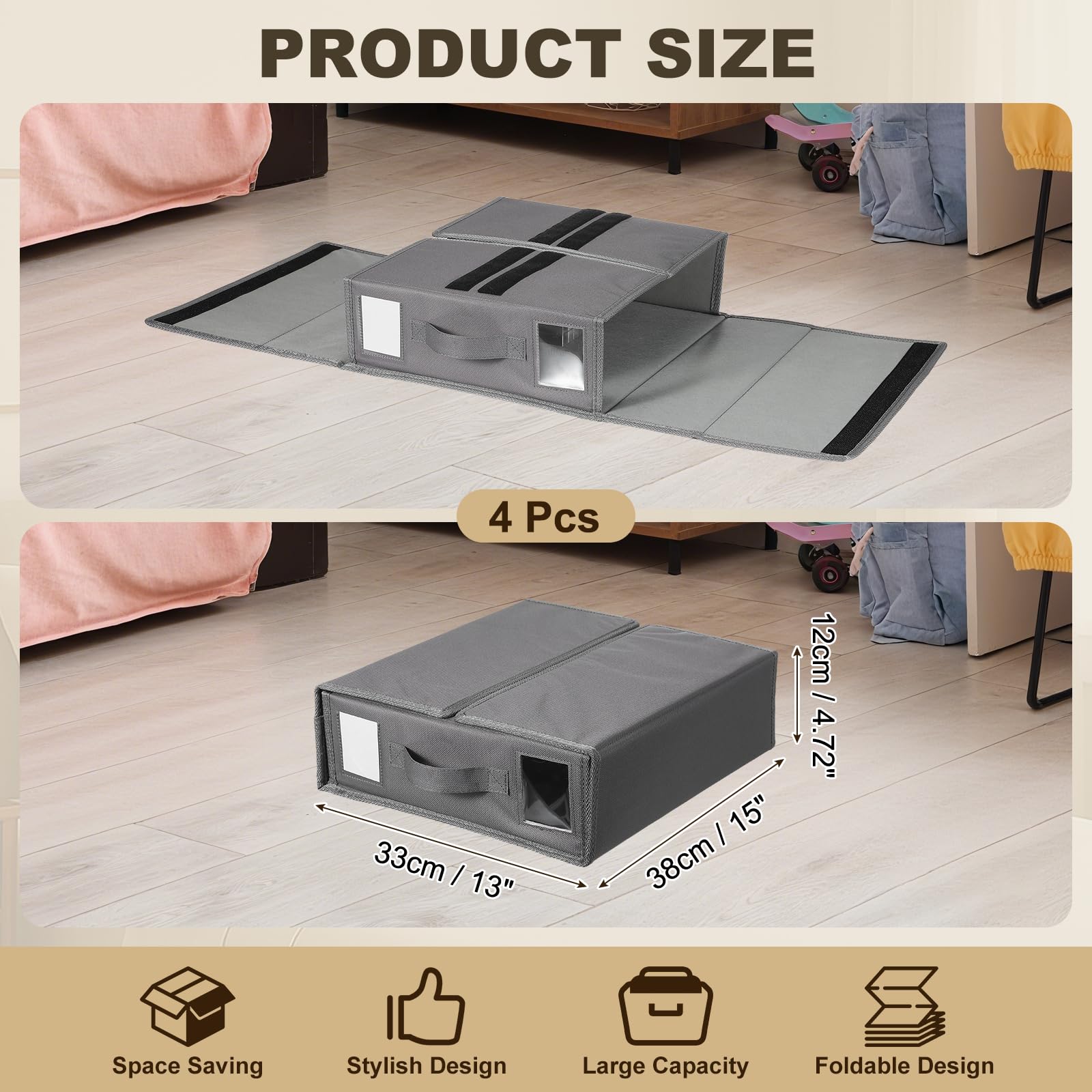 QUARKZMAN 4 Pack Organizadores de Sábanas con Asa para Armario Gris | Organizador Plegable de Juegos de Fundas Nórdicas, Contenedores de Almacenamiento, y Debajo de la Cama