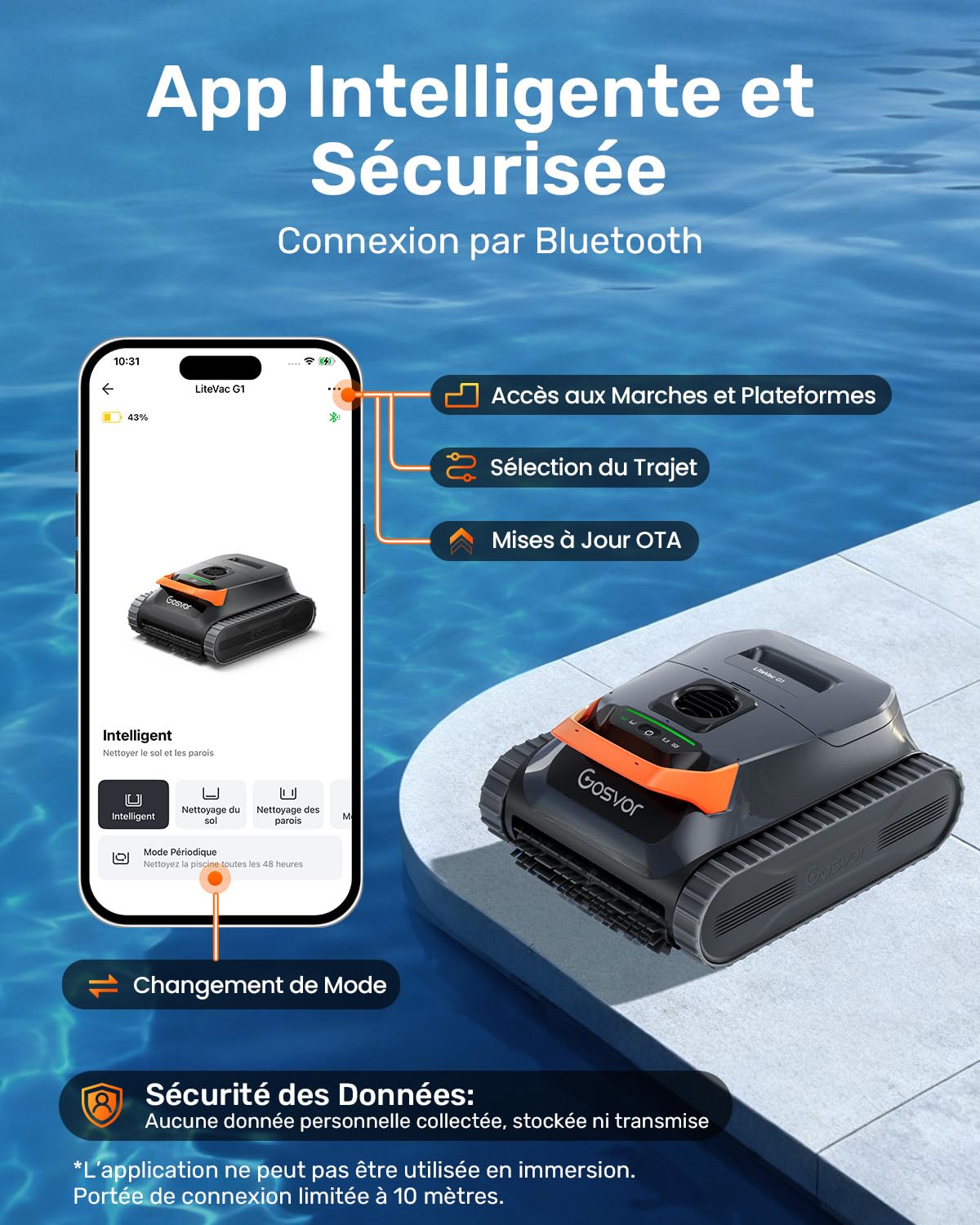 (2026 Nouveau) Gosvor LiteVac G1 Robot Piscine Fond et Parois, 6,9 kg Ultra Léger, Jusqu’à 200 Min d’Autonomie, Double Filtration, Navigation Intelligente & App, pour Piscines Jusqu’à 200 m²
