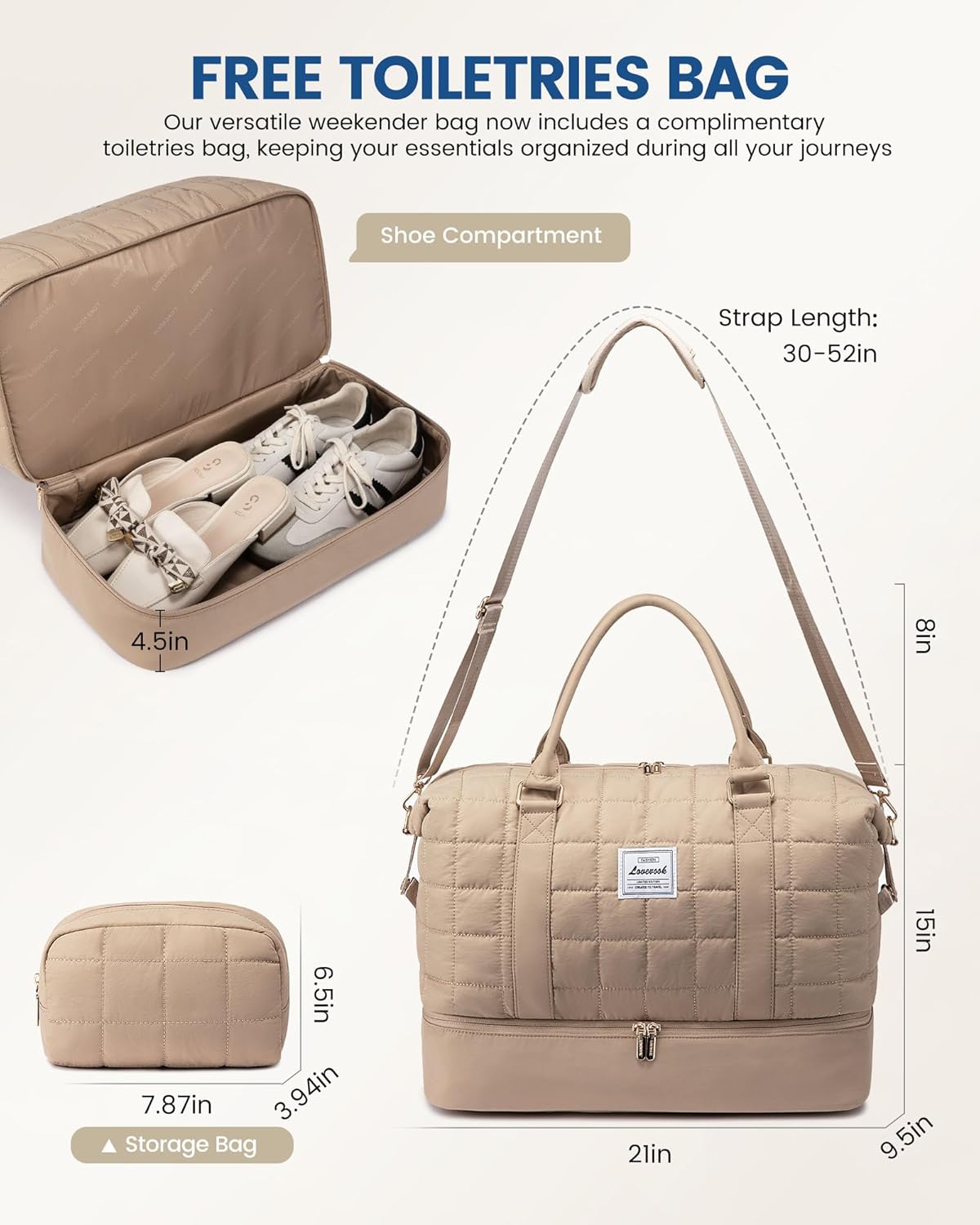 LOVEVOOK Puffer Weekender Bags for Women with Shoe Compartment, Carry On Overnight Bag, Gym Duffel Bag with Wet Pocket, 2Pcs Set - Image 2
