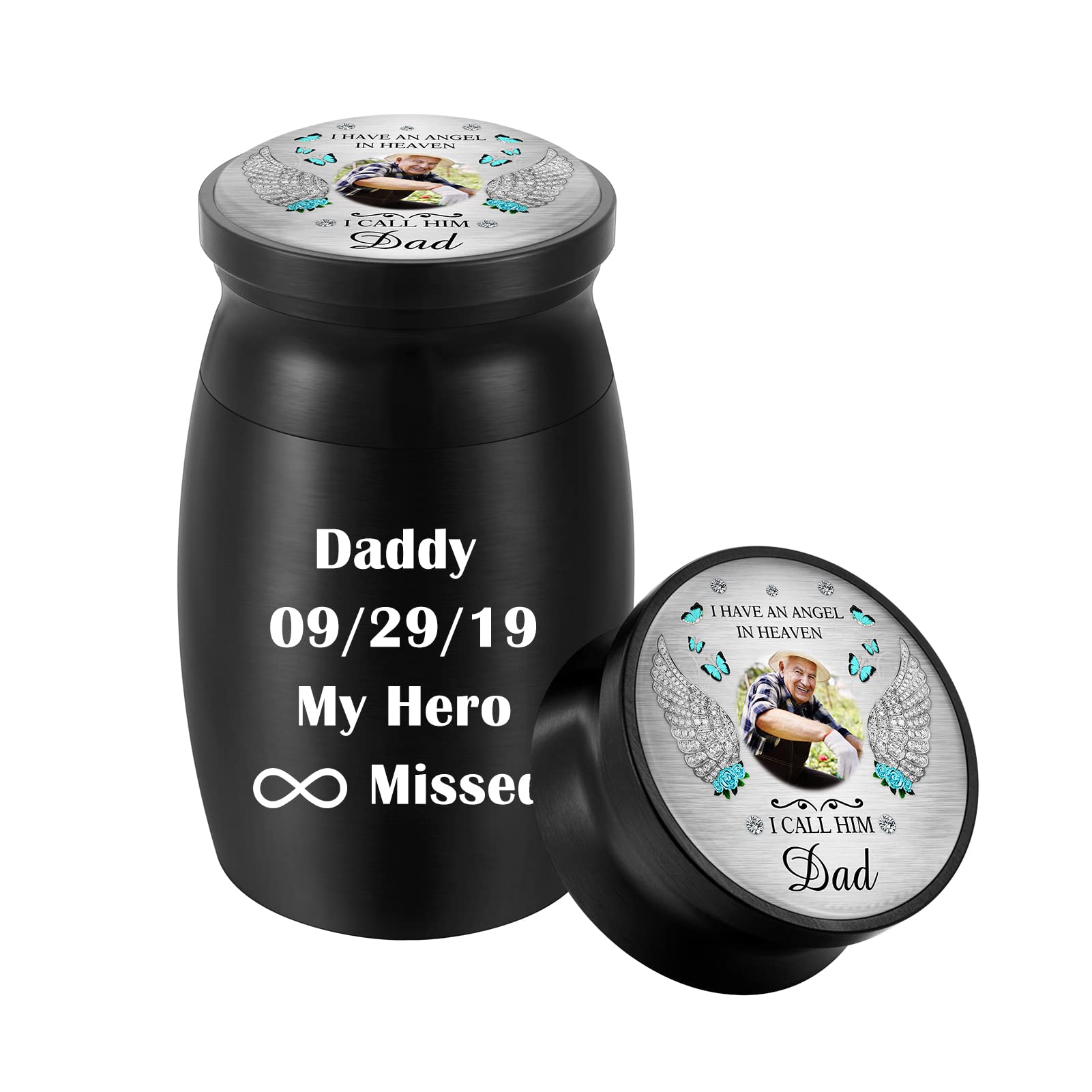 Dletay Custom Photo Small Urns for Human Ashes Mini Cremation Urns for Ashes Aluminium Picture Ashes Holder Mini Urns Style 3 Black, (