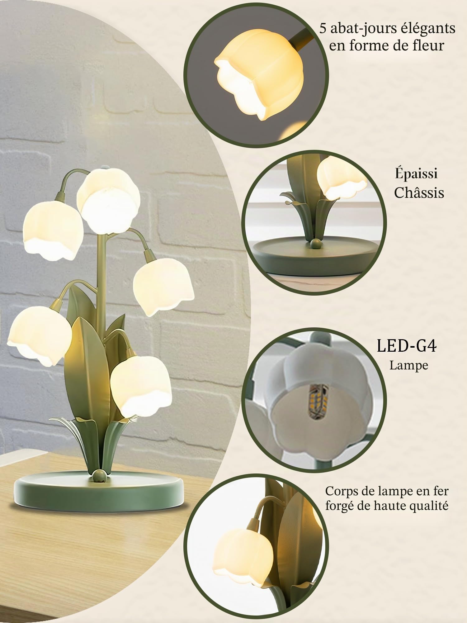 Lampe de chevet vintage à fleurs vertes pour la maison, 5 lampes de lecture muguet, 3 modes de couleur, lampe de chevet kawaii, avec ampoule G4 pour salon, bureau, chambre à coucher