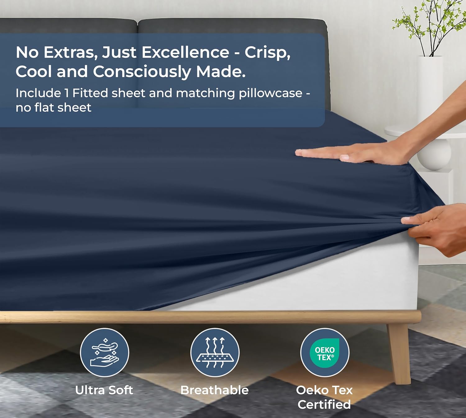 ROYALE LINENS Fitted Sheet with Pillowcase - Twin XL Fitted Sheets with 1 Pillowcase - 300 Thread Count 100% Organic Cotton - Fit Mattress Up to 18" Deep - Soft & Breathable - Navy (No Flat Sheet)