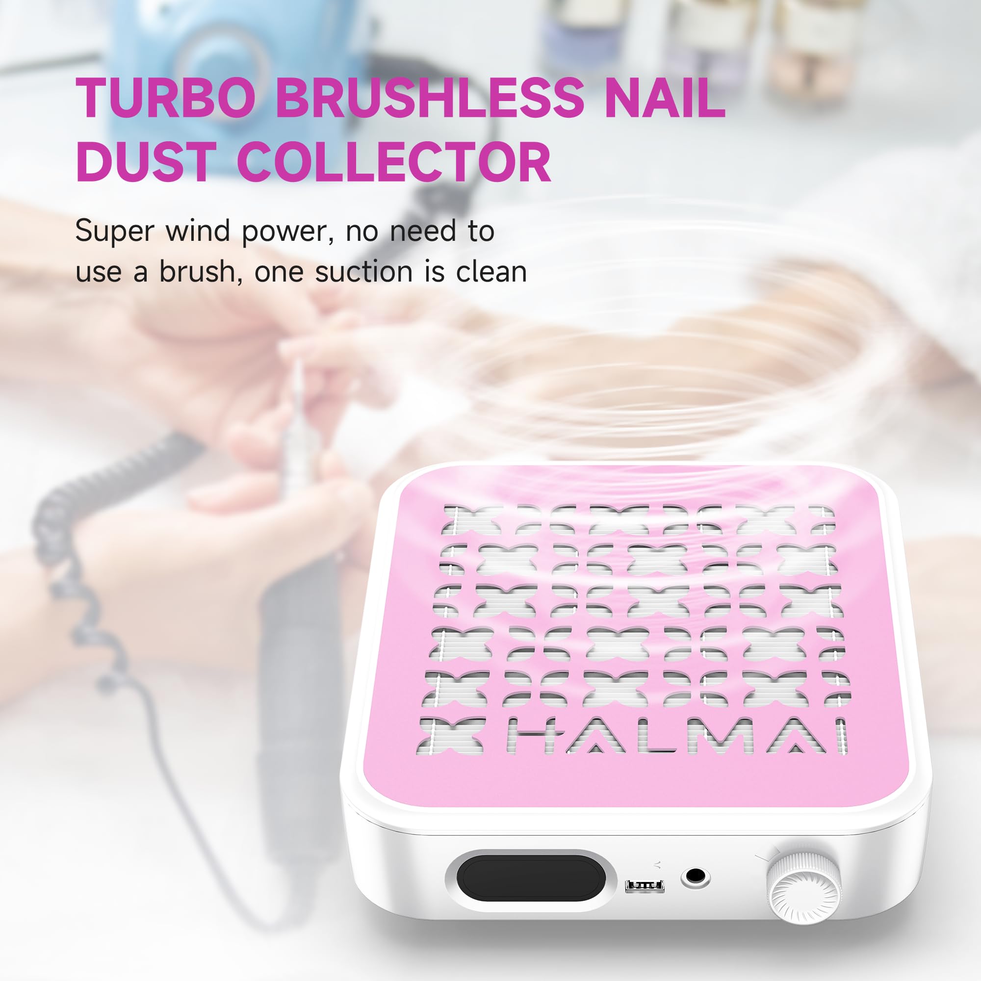 HALMAI Aspiratore per Polvere Unghie – Potenza di Aspirazione 800 Pa e Motore Brushless da 5000 giri/min per Unghie Acriliche, Strumento Compatto con Filtro HEPA Riutilizzabile