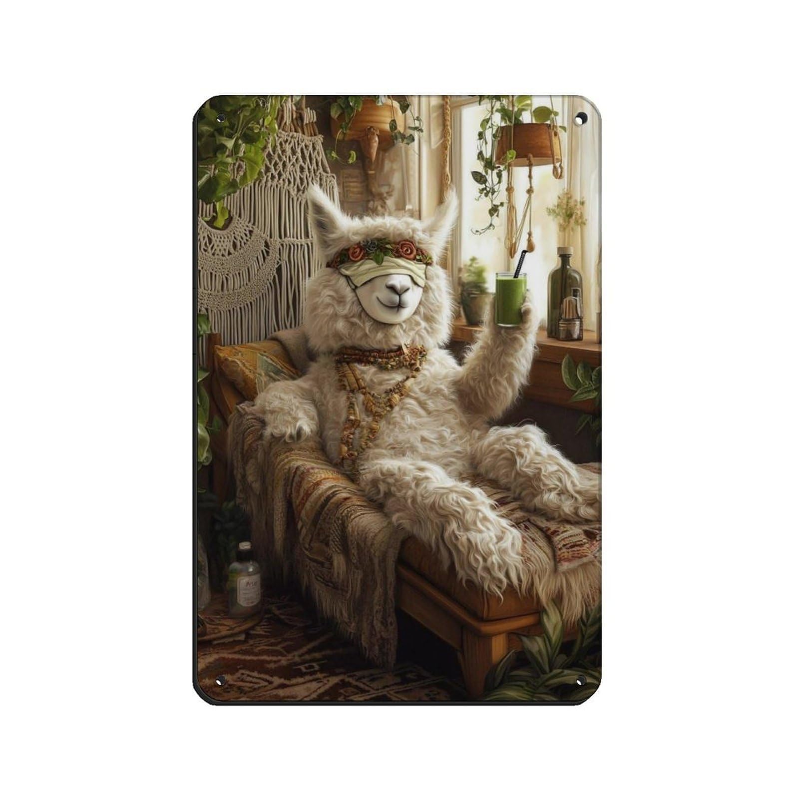Cozy Llama Lounging with Smoothie Retro Poster Metal Tin Sign Chic Art Retro Iron Painting Bar People Cave Cafe Family Garage Poster Wall Decoration 8x12inch(20x30cm)