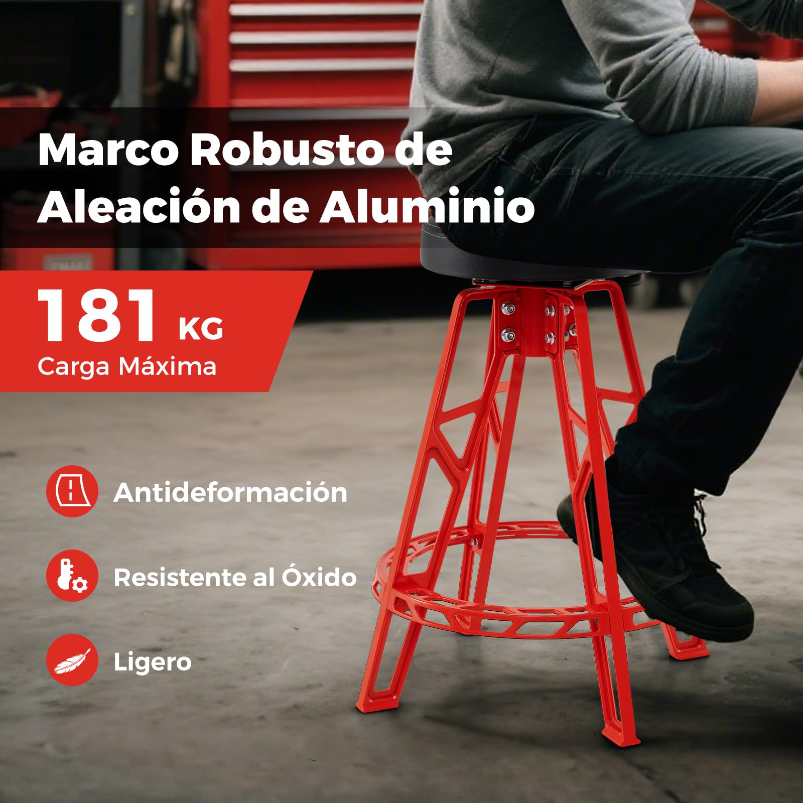 COSTWAY Taburete Mecánico Alto, Taburete de Taller de Aluminio con Asiento Giratorio de 360°, Silla Acolchado con Reposapiés para Taller, Sala de Herramientas, Reparación de Autos, Capacidad de 180 kg