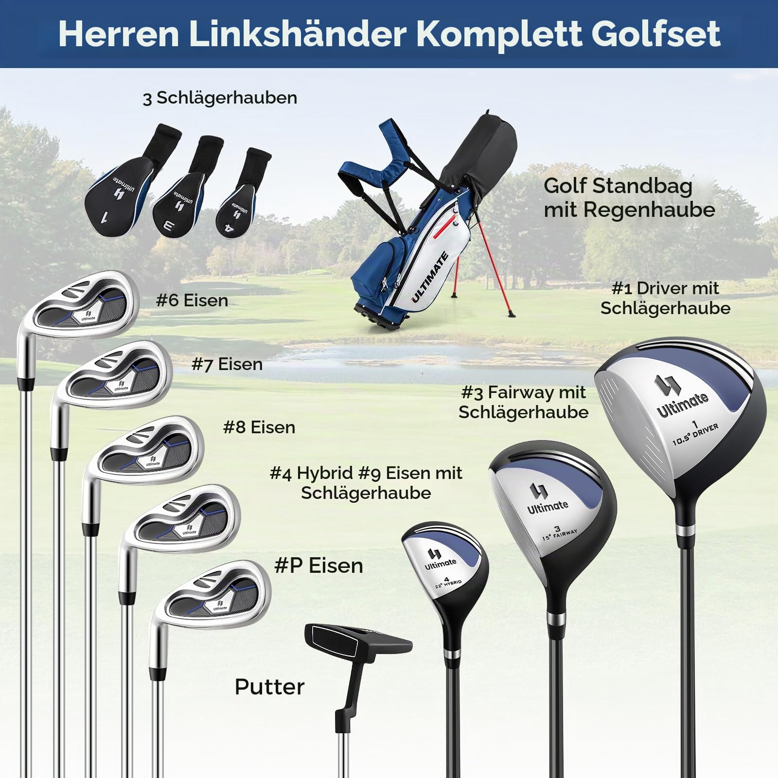 FANTASK 9 teiliges Golfset, Golfschläger Set mit Golftasche & Regenhaube, Herren Golfschlägersätze mit Putter, Driver & Fairway & Hybrid & Eisen, Blau