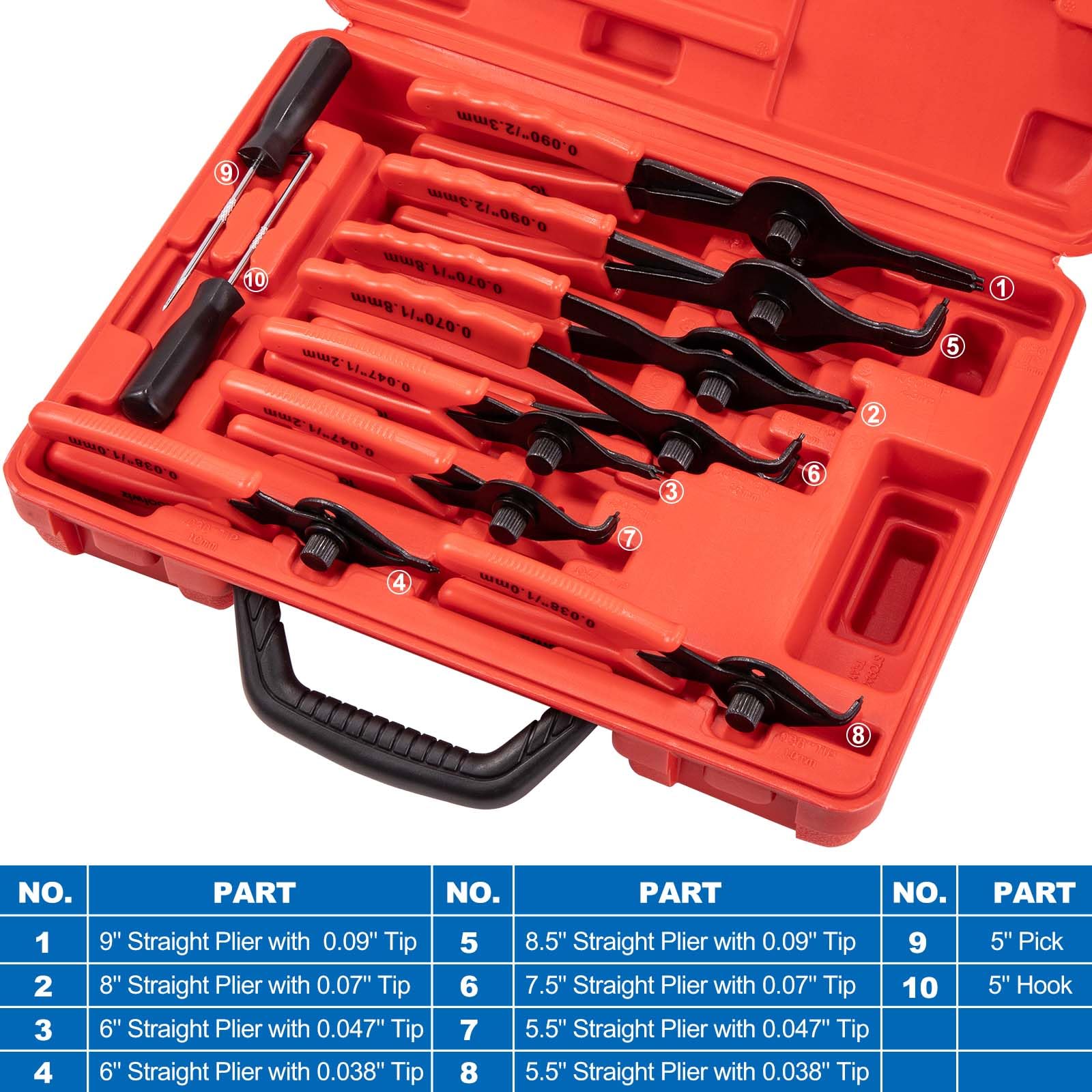 Toolwiz Lot de 10 pinces à circlips internes et externes pour anneau de retenue en C, outils automobiles droits courbés et robustes, avec crochet, médiator et étui de rangement