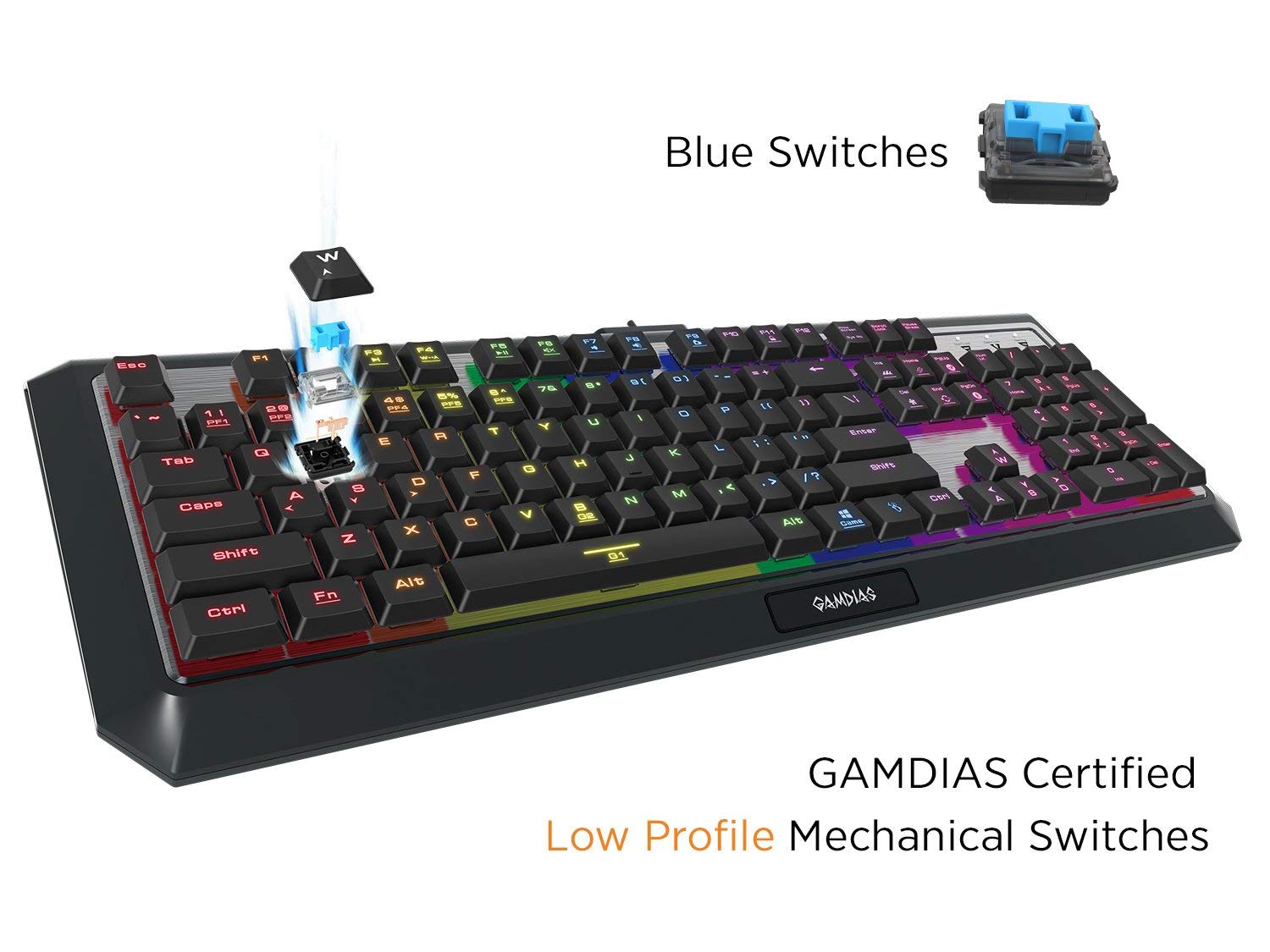 GAMDIAS Hermes P3 Black mechaniczna klawiatura USB Gaming 104 klawisze Low Profile RGB Switches niebieskie podświetlenie klawiatury układ UK