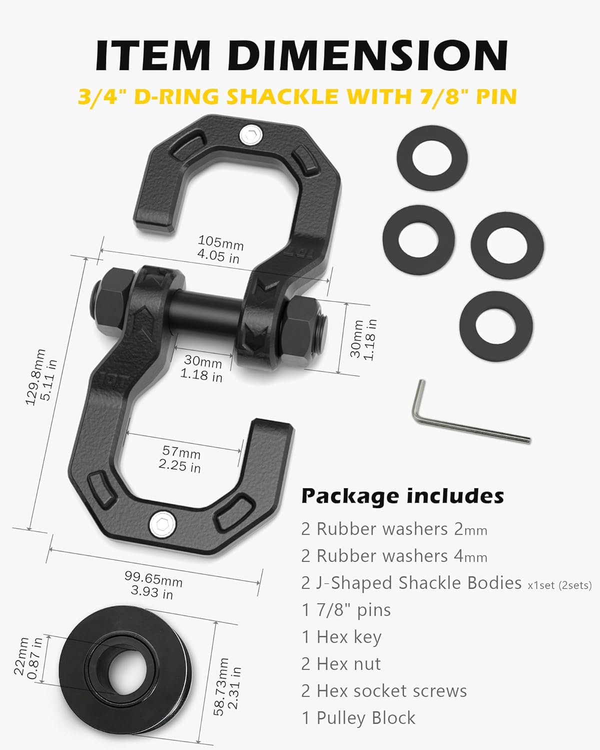 Separate D-Ring Shackle with Pulley Block, Towing Winch Snatch Block & 3/4" Easy Open D-Ring Shackle 2in1 Set, 57320lbs(26T) Breaking Strength, for Recovery, BlackBlack - Image 7