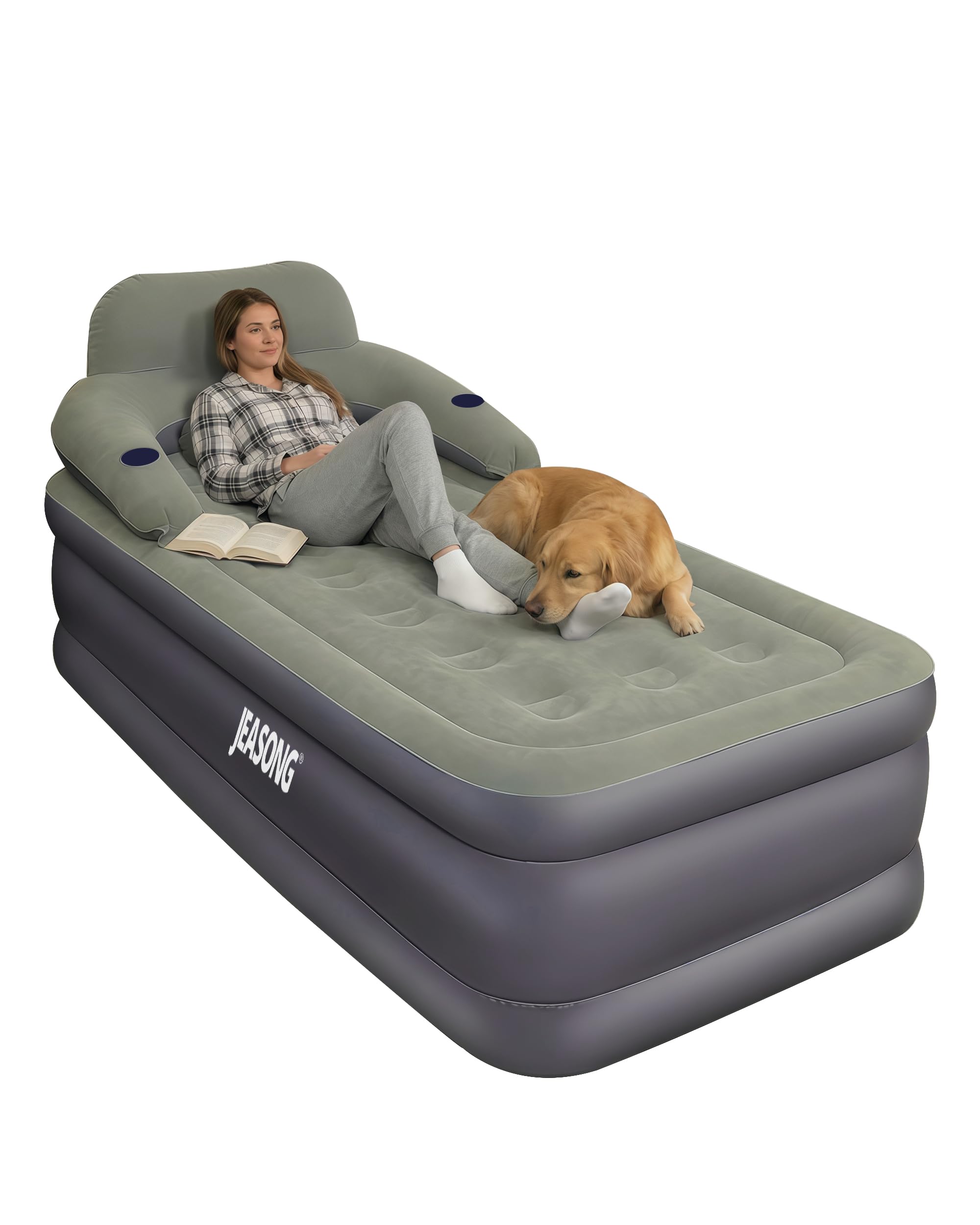 JEASONG Single Twin Xl Air Mattress & Airbed - 50cm Height with Detachable Headboard & Cup Holder, 650lbs Capacity for Guests, Home, Camping & Travel, Durable Construction