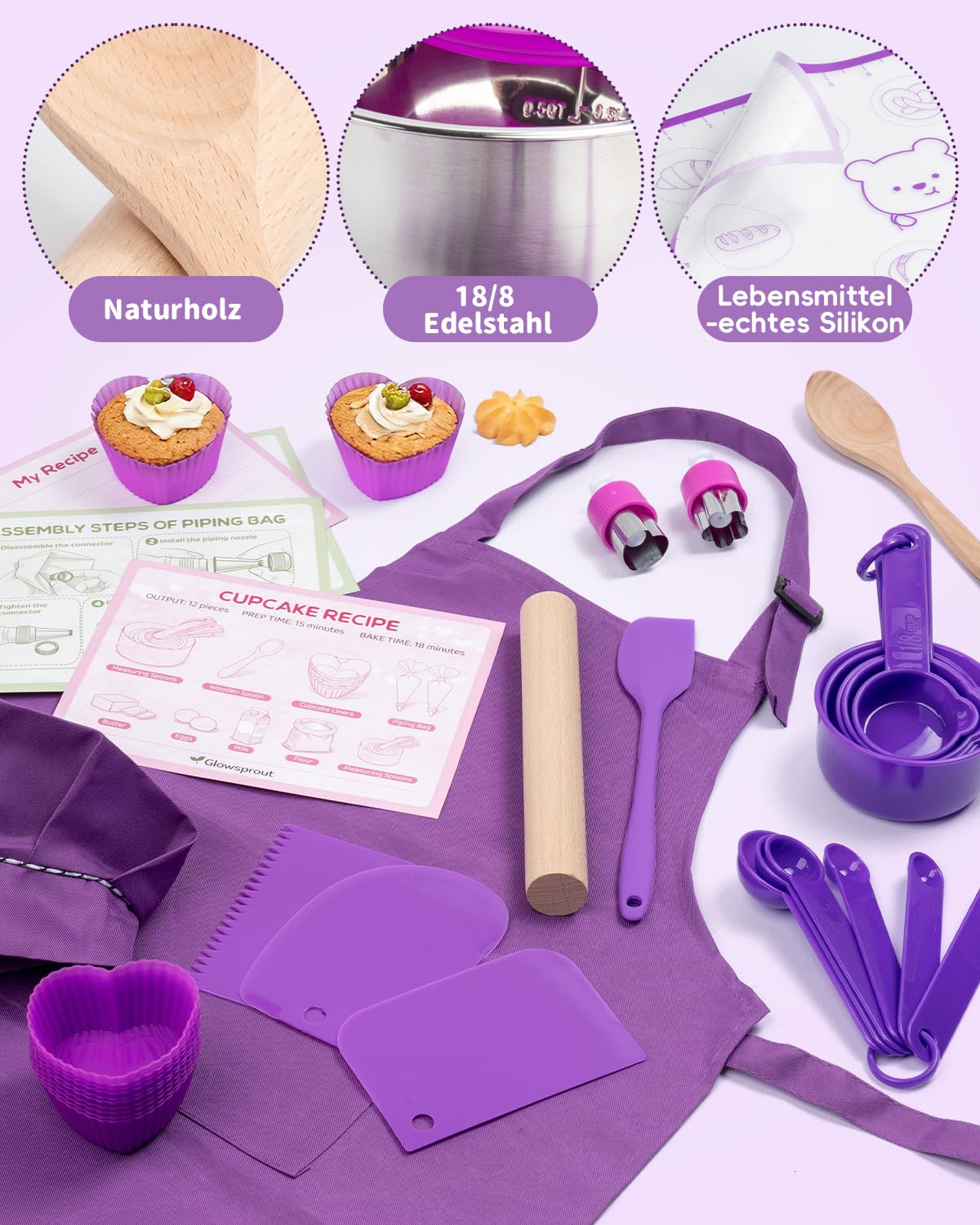 Kit de pâtisserie et de cuisine pour enfants 53 pièces avec toque, tablier de cuisine et accessoires de pâtisserie – Kit de jeu complet pour enfants à partir de 3 ans – Jouet éducatif pour