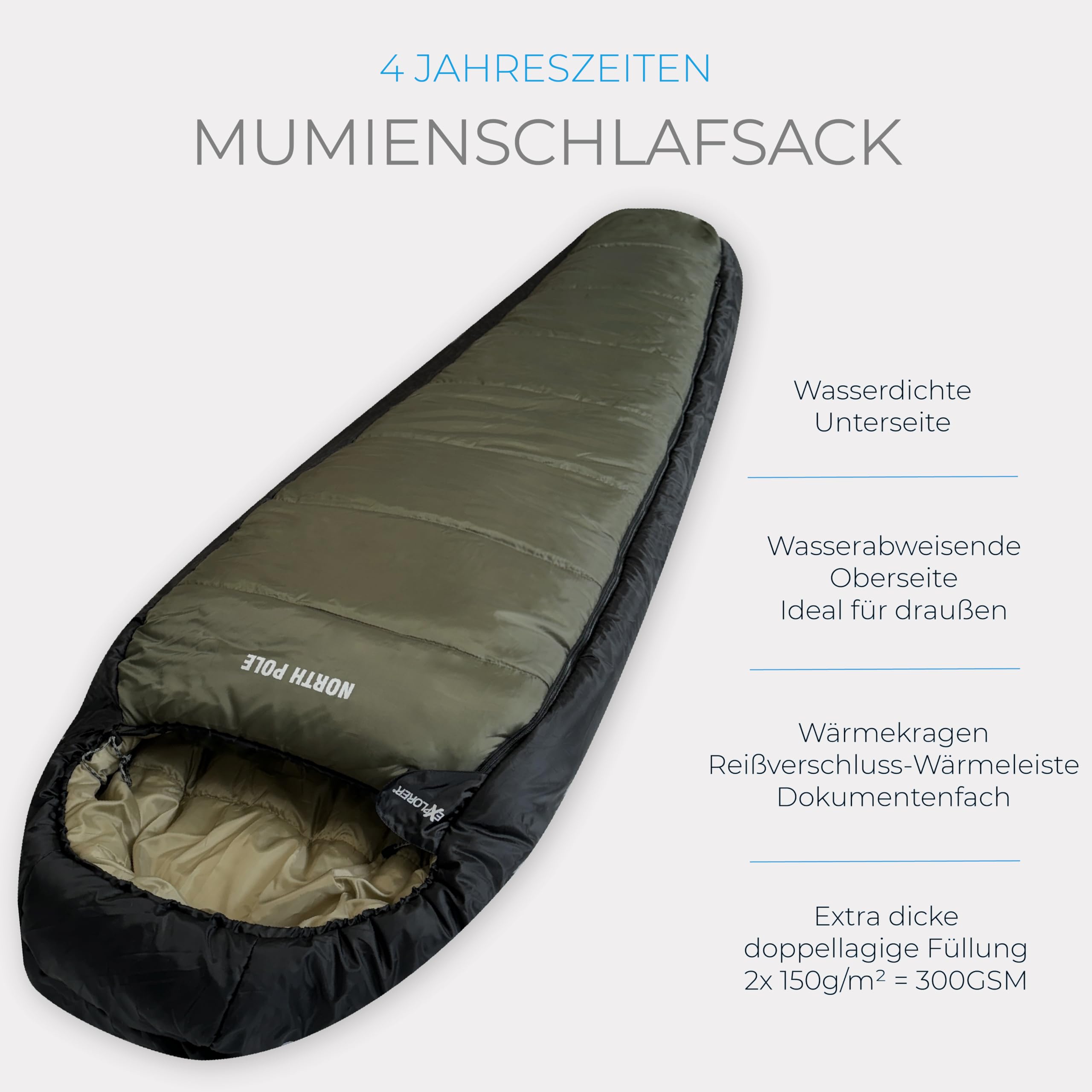 Explorer® Northpole Schlafsack Outdoor -21°C -4°C [300GSM] 3-4 Jahreszeiten Winter Mumienschlafsack Erwachsene mit wasserdichter Unterseite YKK Zip für Camping und Reisen