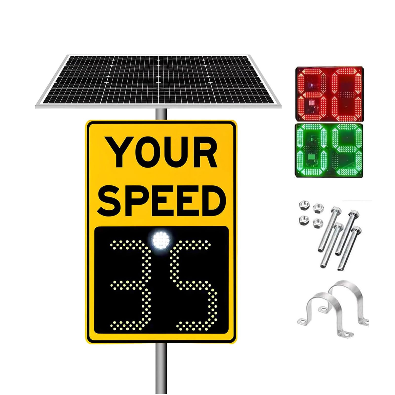Detector de límite de velocidad alimentado por energía solar con pantalla LED, señal de retroalimentación de sobrevelocidad para carreteras y zonas escolares, 20 x 27 pulgadas