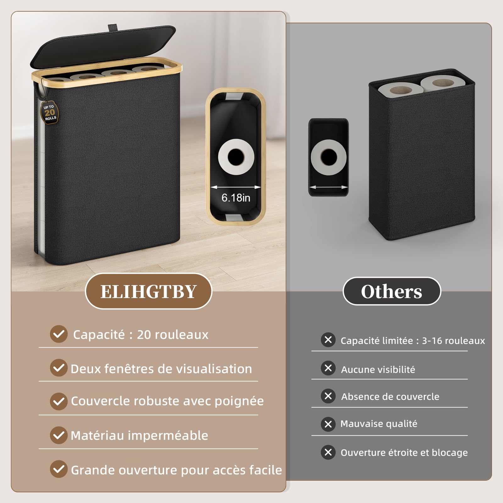 42L Rangement Papier Toilette avec Couvercle et Fenêtre de Visualisation, Toilette en Bambou Imperméable, Rangement Pliable pour Salle de Bain, Space-Saving Collapsible Design Noir