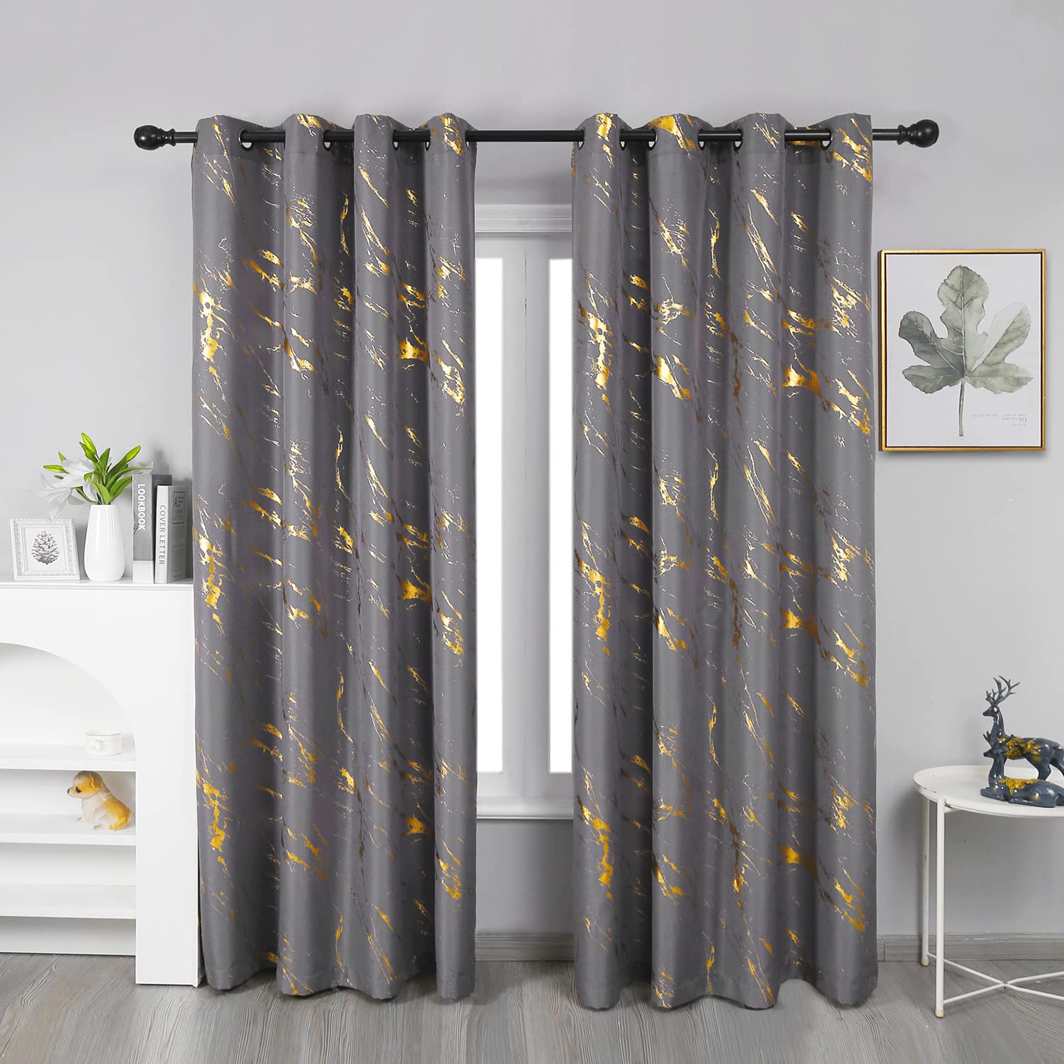 Taisier Home Gold Foil Print Linen Textured Curtains - Geometric Marble Pattern Design for Living Room - Light Filtering Window Treatment, 2 Panels, 72" L, Soft Grey and Gold