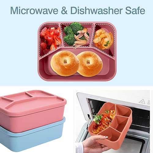 Miniatura 4 de AROCFTIE Caja Bento de silicona, 4 compartimentos, caja de almuerzo de silicona de grado alimenticio con tapas, recipientes de almuerzo a prueba de