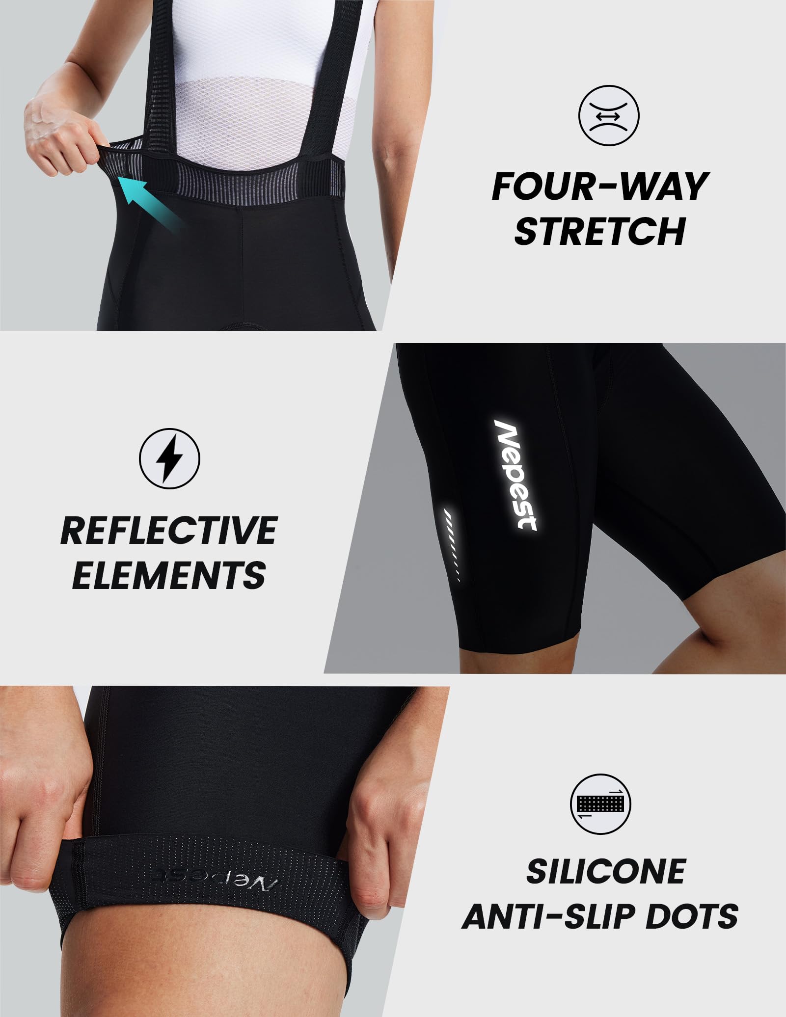 Nepest Damen Fahrrad Trägerhose Kurz 4D Gepolsterte | Atmungsaktives, UPF 50+, 4-Wege-Stretch, Hohe Kompression, Mesh-Trägern, Silikonpunkte am Saum, Leicht, Reflektierenden