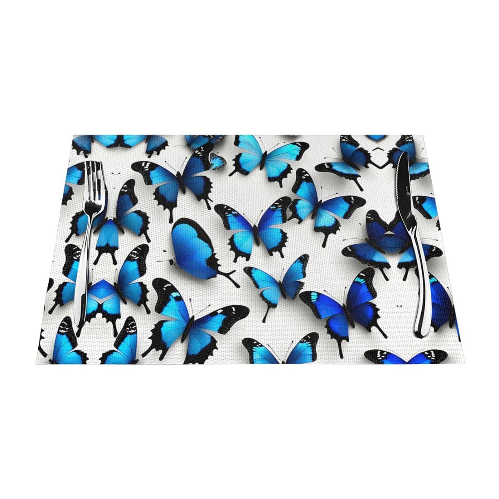 Placemats Set of 6,Table Mats Washable Placemat Decoration, Many Blue Butterflies Print