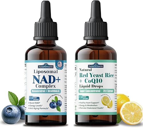 Paquete de 2 regalos de Acción de Gracias gotas líquidas liposimales NAD+ nicotinamida, ribósido resveratrol de 900 mg y arroz de levadura roja con
